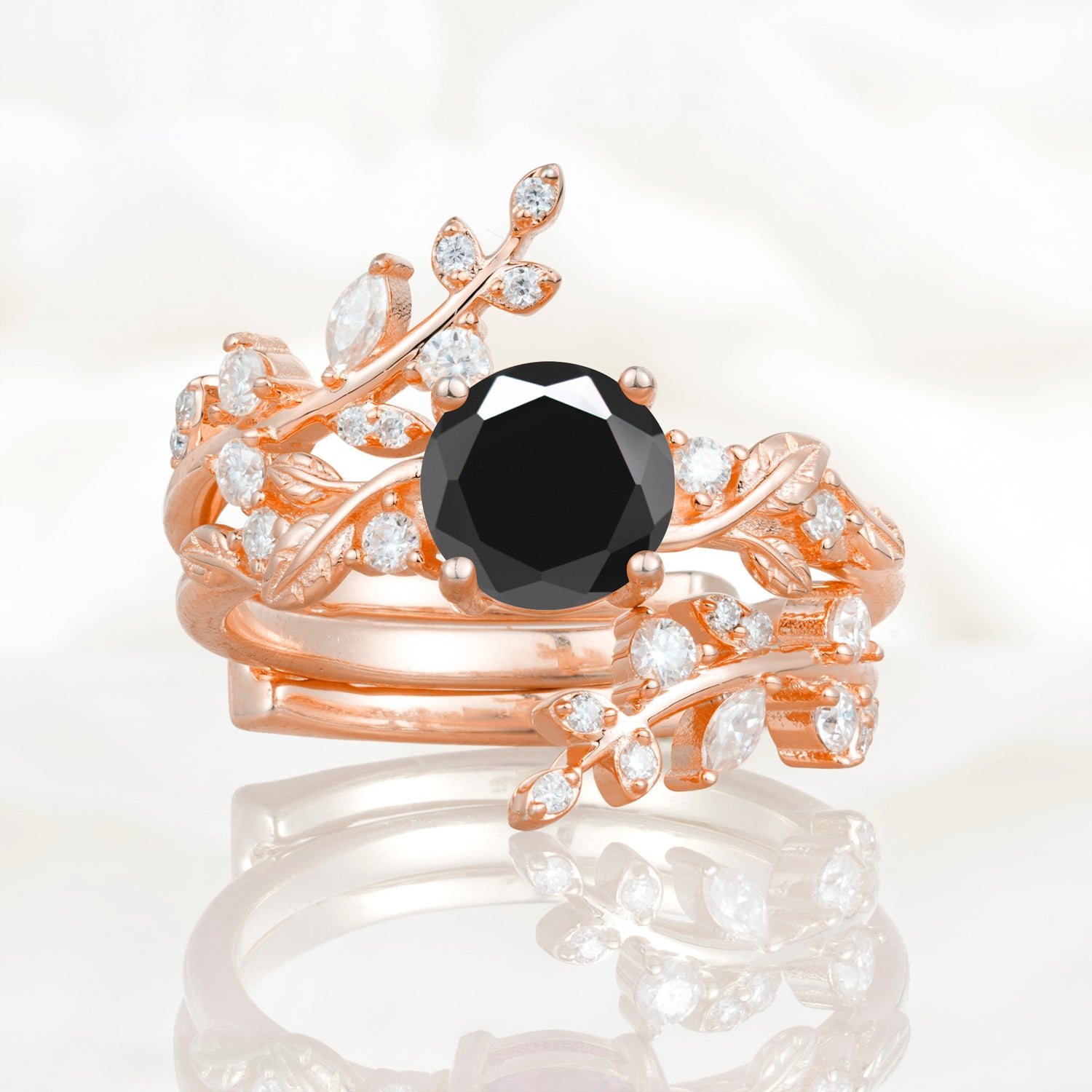 Nature Inspired Leaf Black Onyx Bridal Ring Set for Women