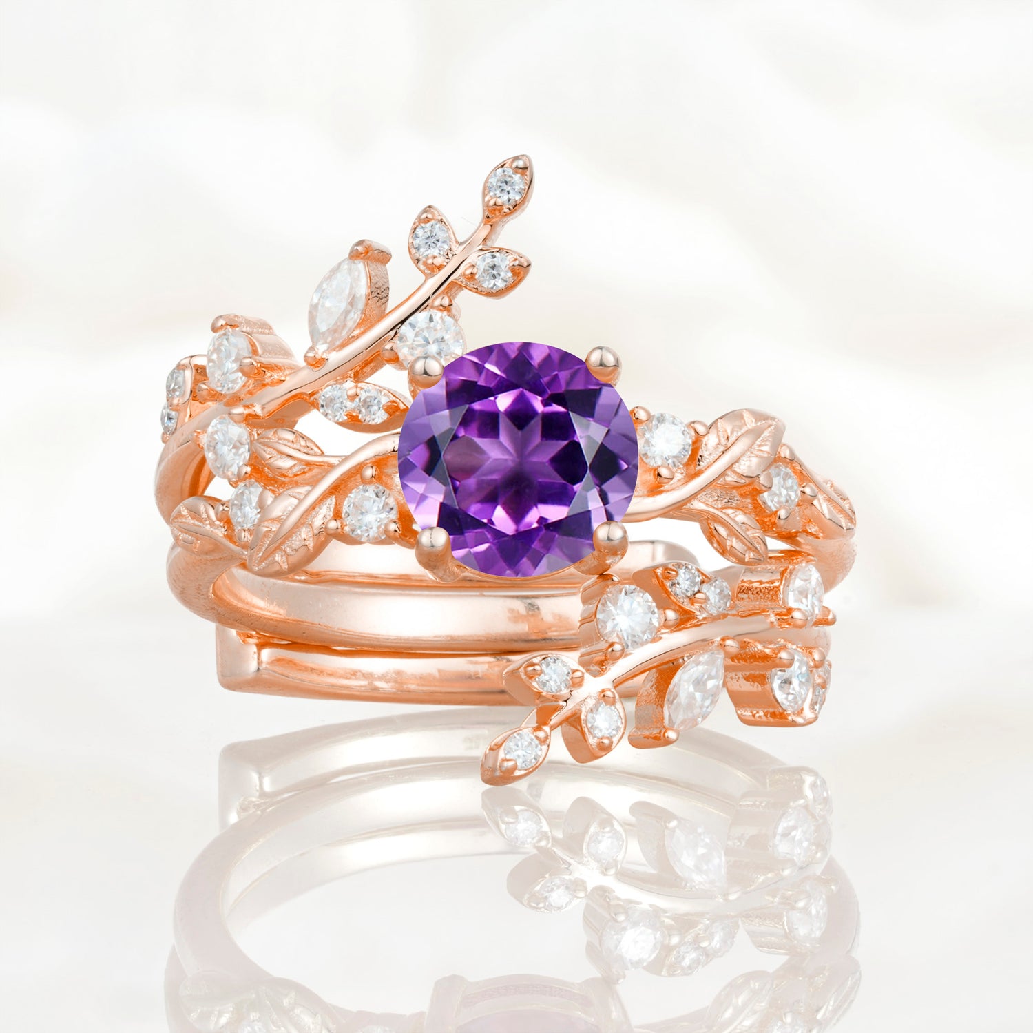 Nature Inspired Leaf Amethyst Bridal Ring Set for Women