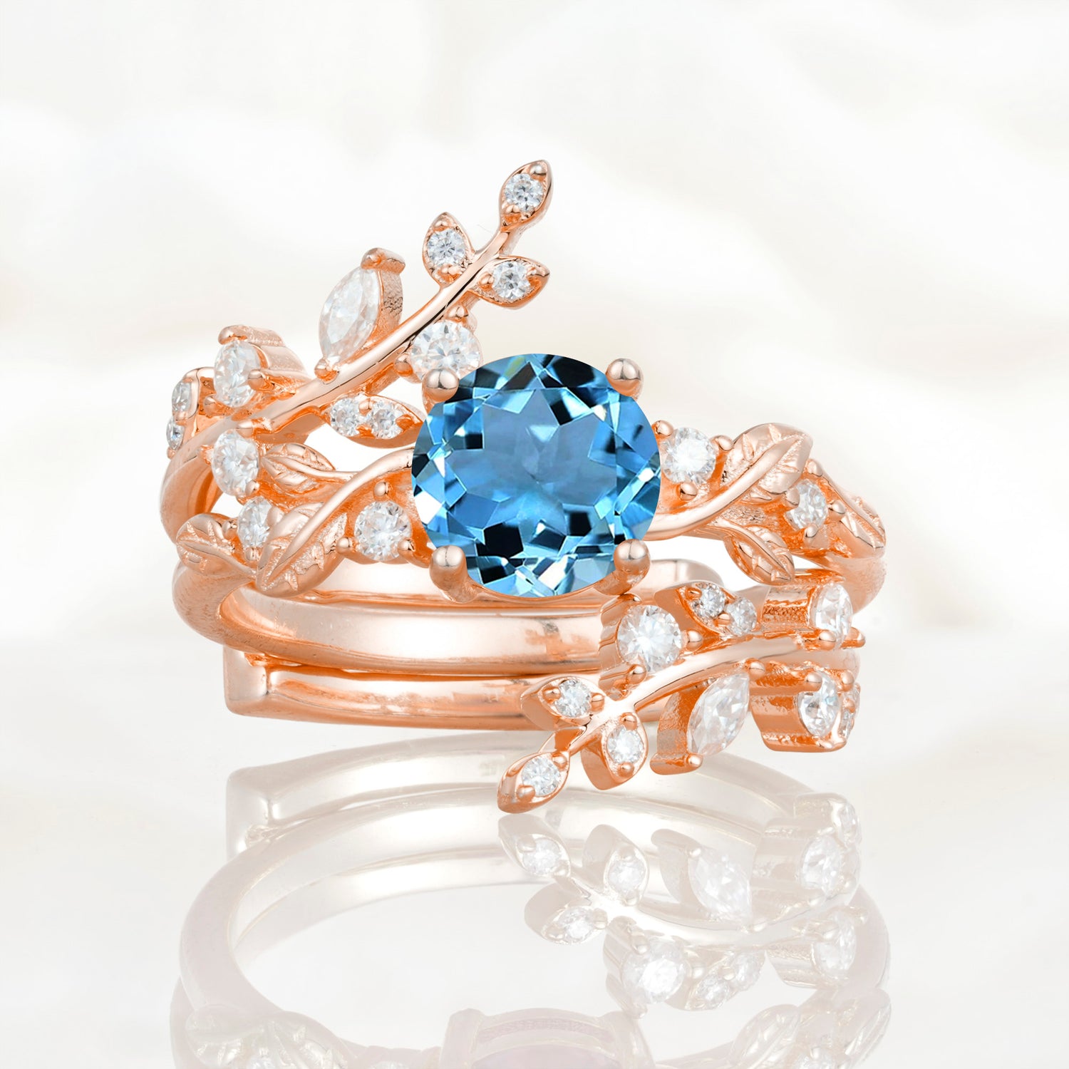 Nature Inspired Leaf Aquamarine Bridal Ring Set for Women