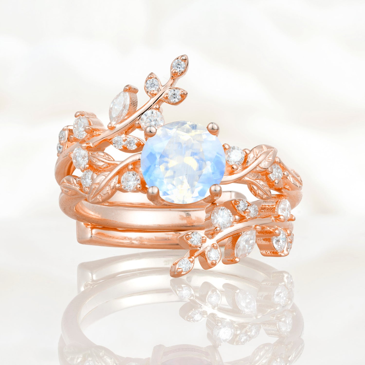 Nature Inspired Leaf Moonstone Bridal Ring Set for Women