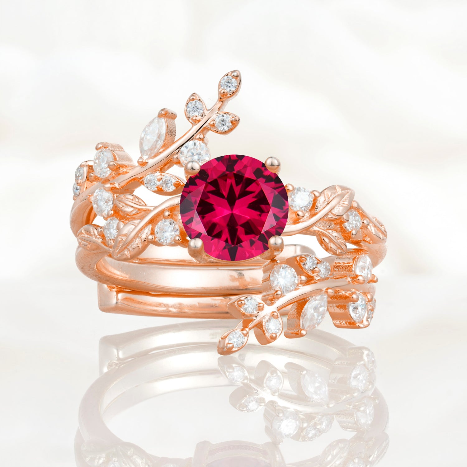 Nature Inspired Leaf Ruby Bridal Ring Set for Women