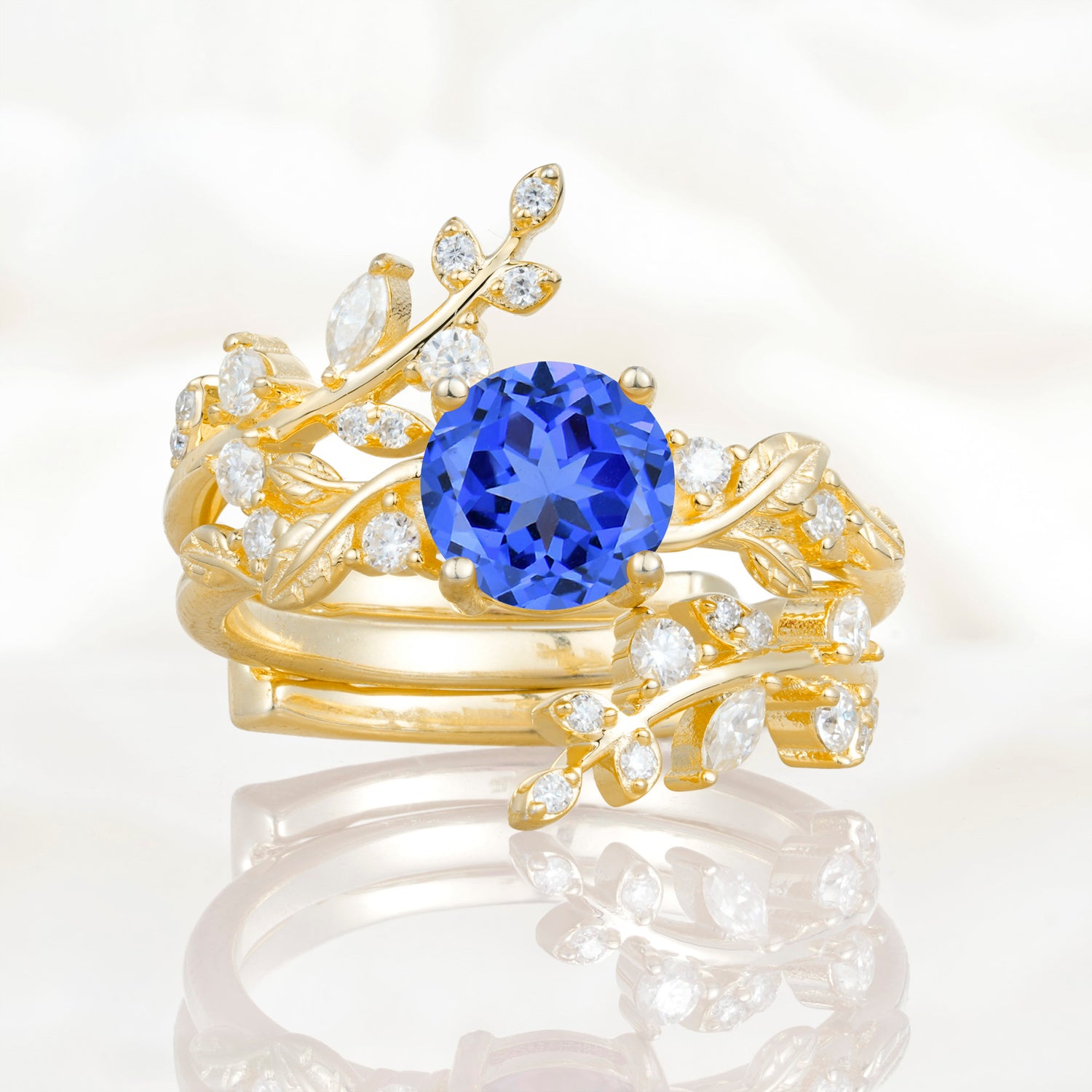 Nature Inspired Leaf Sapphire Bridal Ring Set for Women