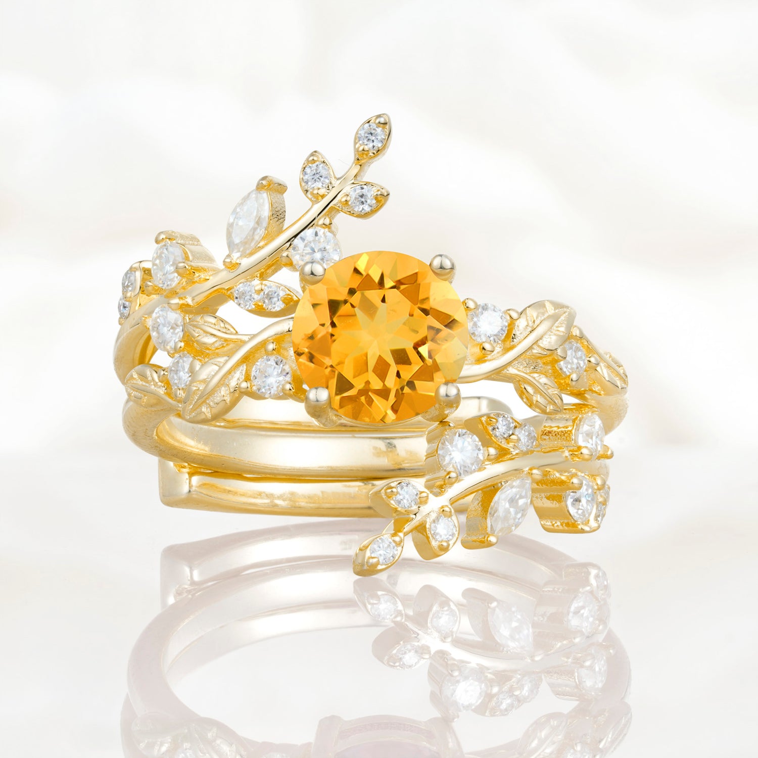 Nature Inspired Leaf Citrine Bridal Ring Set for Women