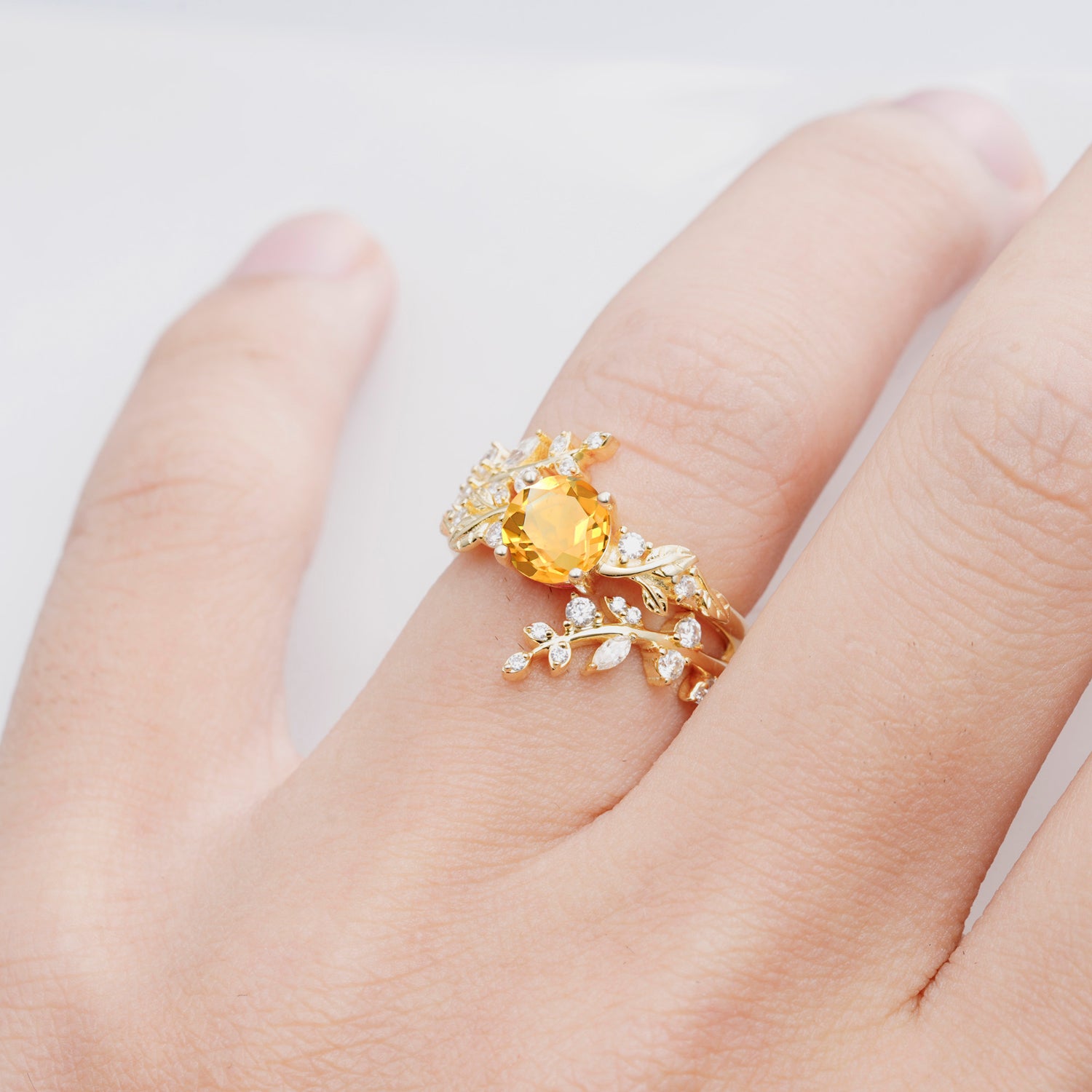 Nature Inspired Leaf Citrine Bridal Ring Set for Women