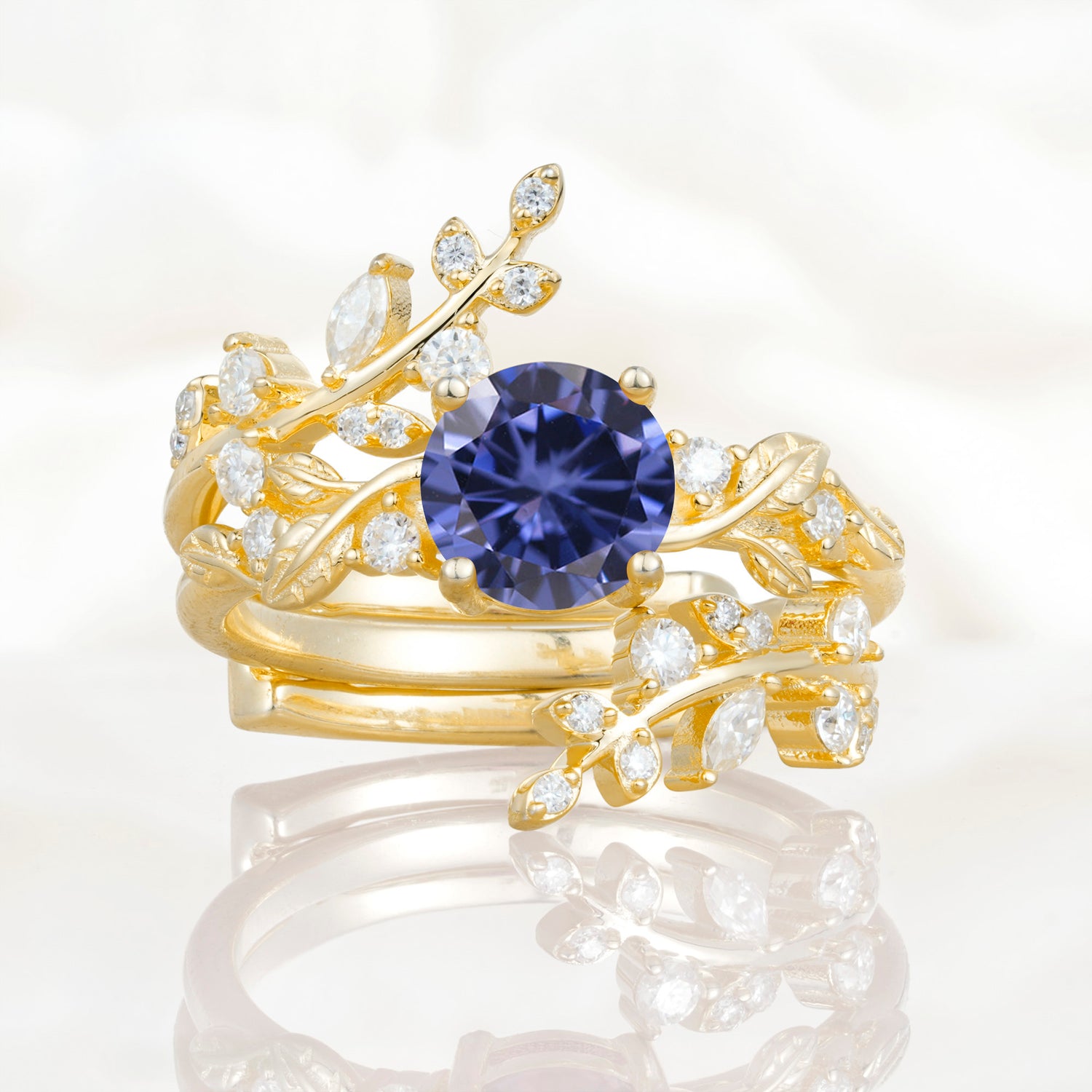 Nature Inspired Leaf Tanzanite Bridal Ring Set for Women