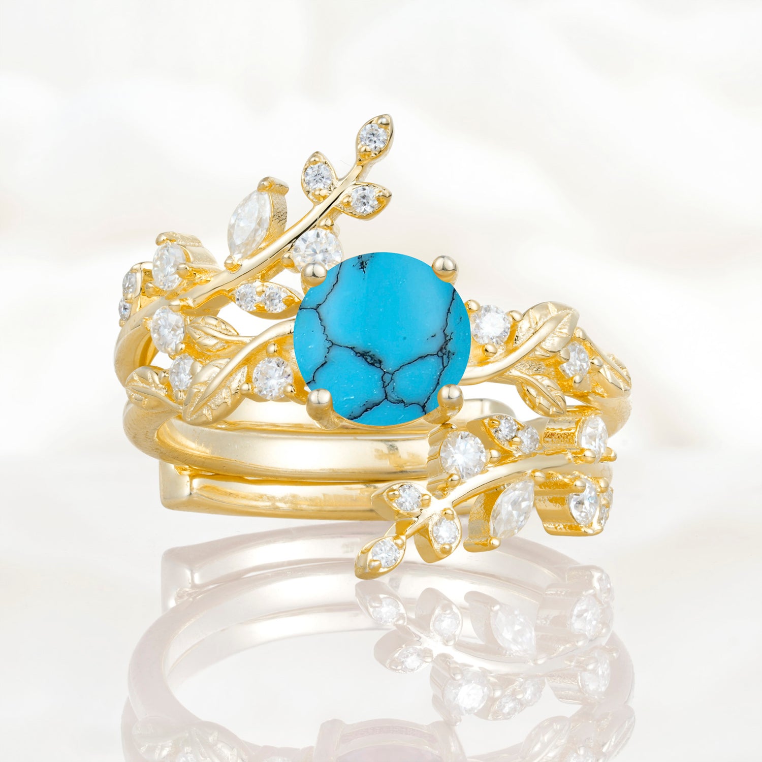 Nature Inspired Leaf Turquoise Bridal Ring Set for Women