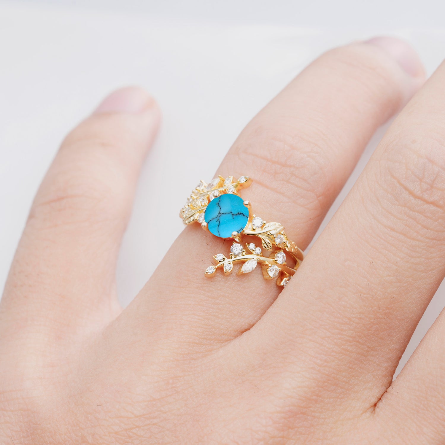 Nature Inspired Leaf Turquoise Bridal Ring Set for Women
