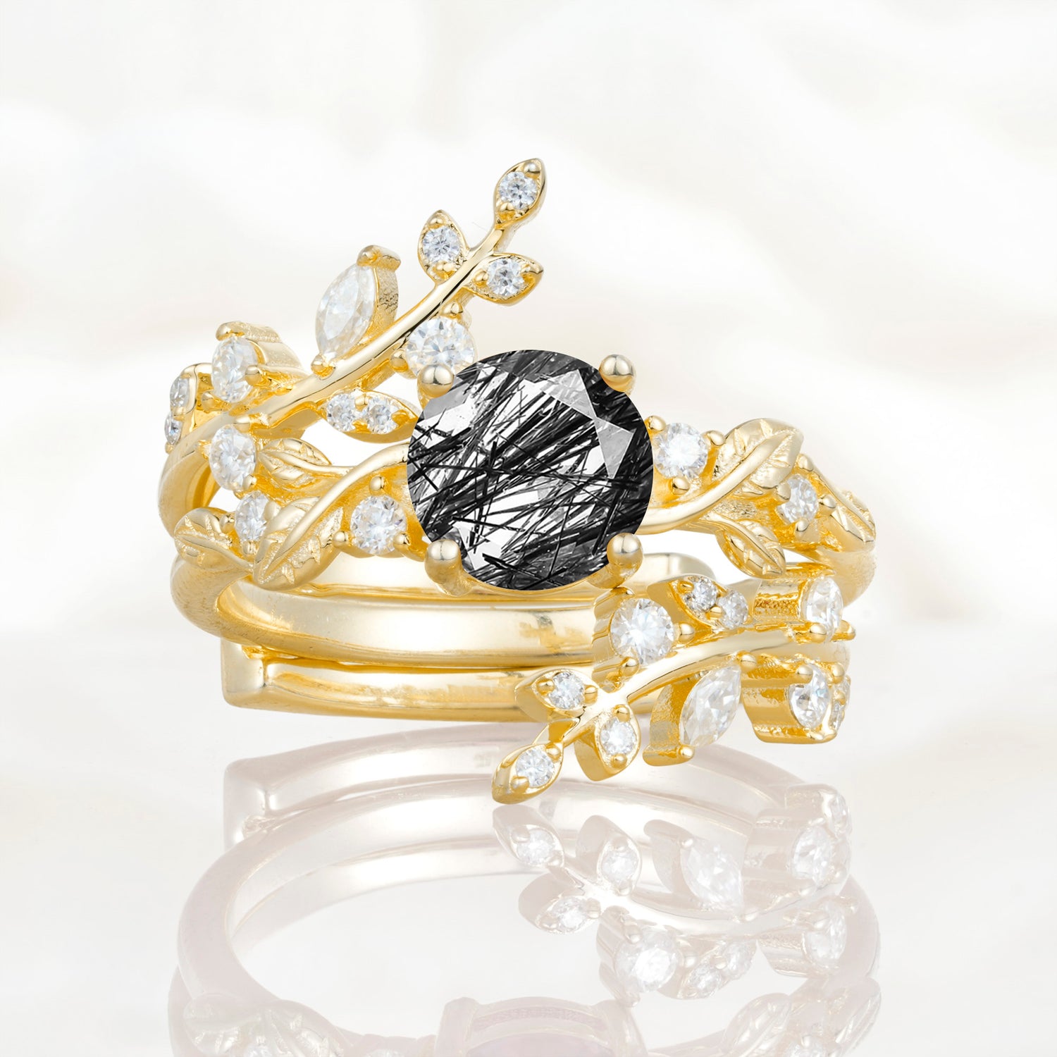 Nature Inspired Leaf Black Rutilated Quartz Bridal Ring Set for Women