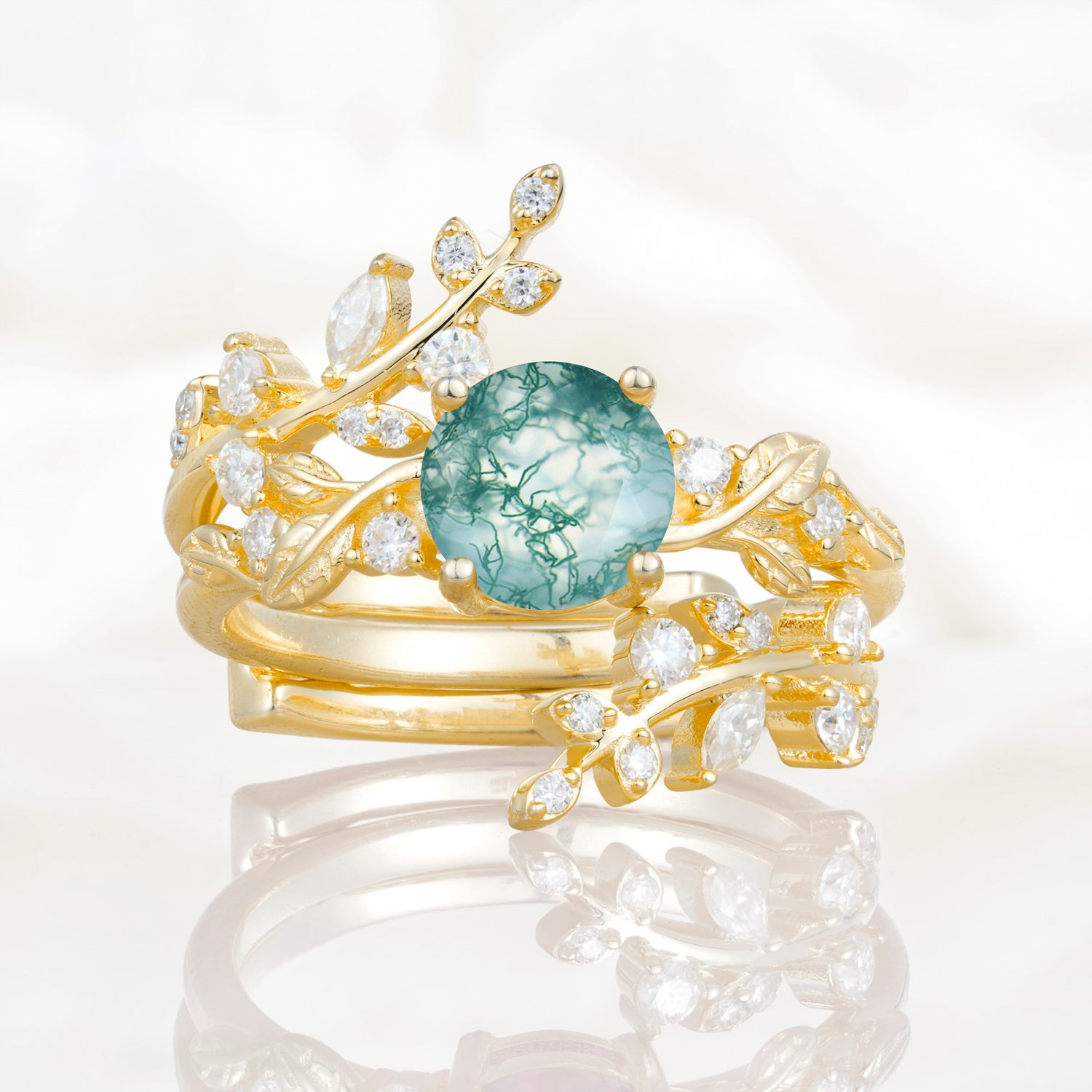 Nature Inspired Leaf Moss Agate Bridal Ring Set for Women