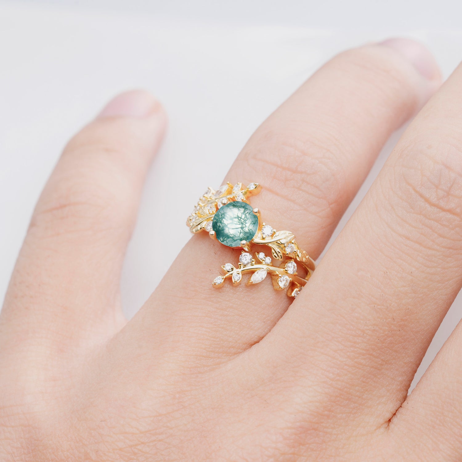 Nature Inspired Leaf Moss Agate Bridal Ring Set for Women