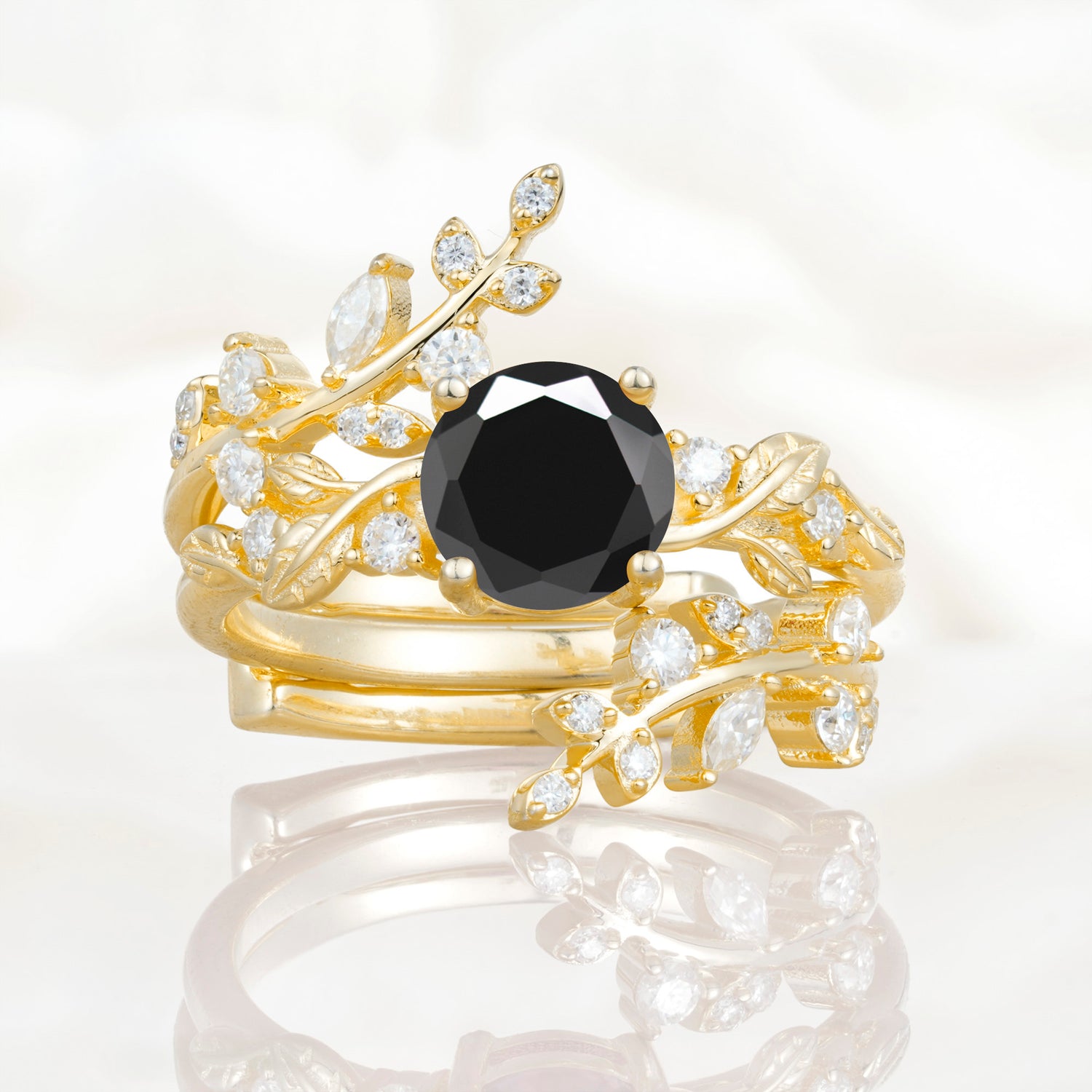 Nature Inspired Leaf Black Onyx Bridal Ring Set for Women