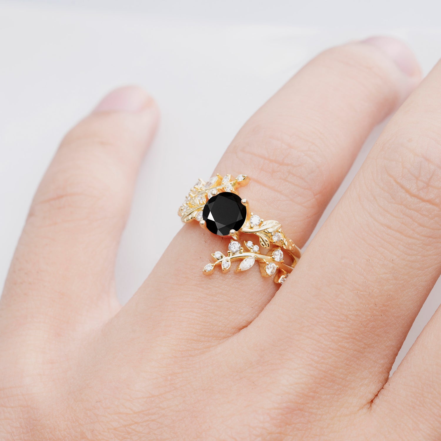 Nature Inspired Leaf Black Onyx Bridal Ring Set for Women