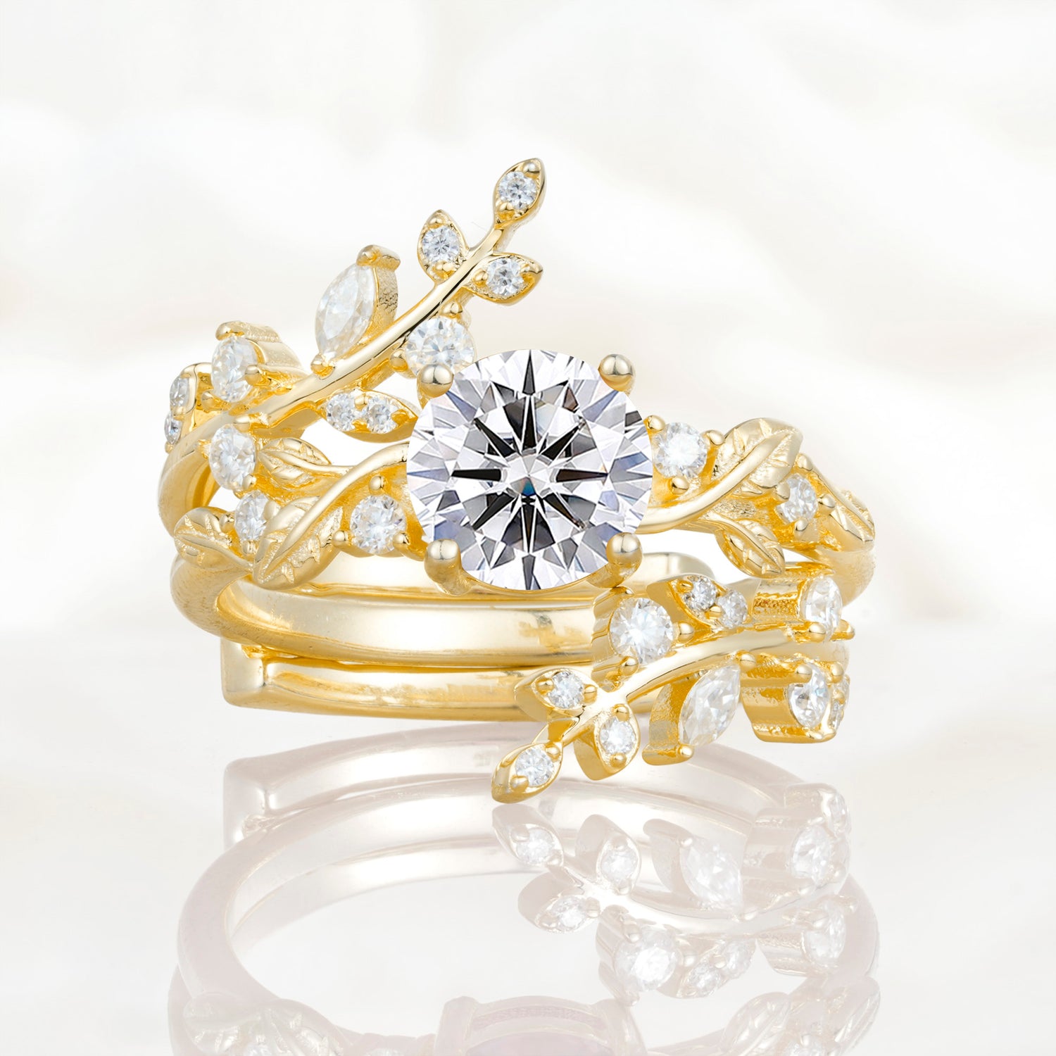 Nature Inspired Leaf Lab Diamond Bridal Ring Set for Women