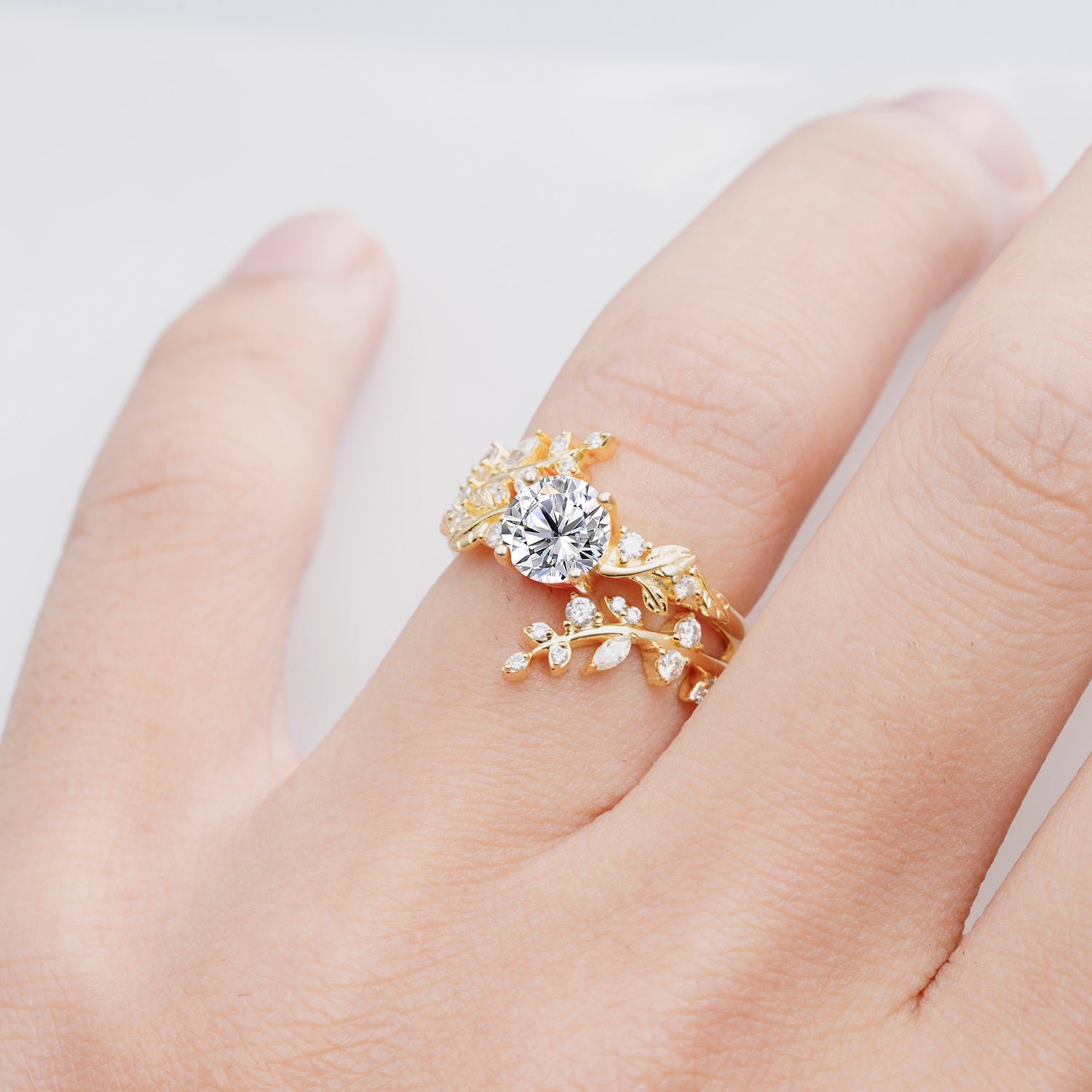 Nature Inspired Leaf Lab Diamond Bridal Ring Set for Women