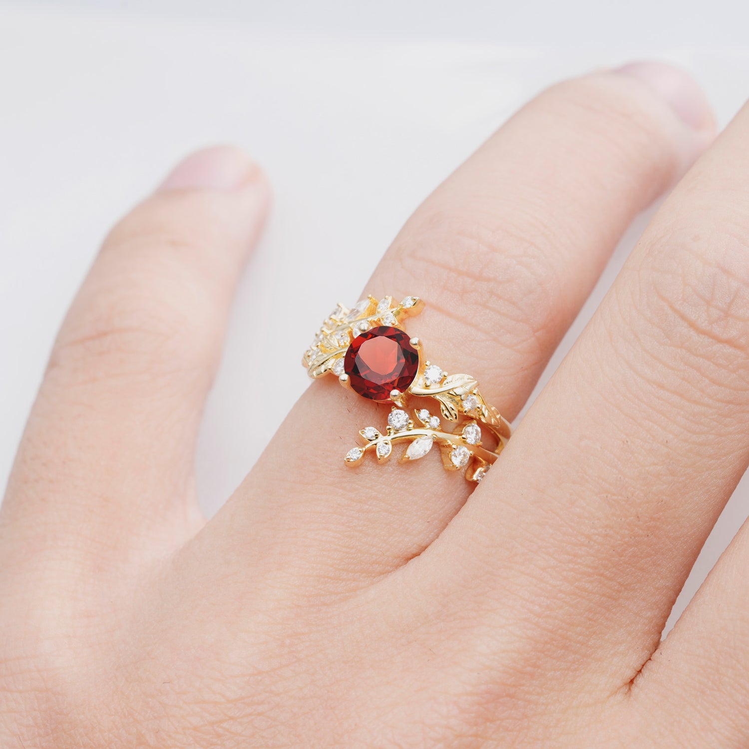 Nature Inspired Leaf Garnet Bridal Ring Set for Women