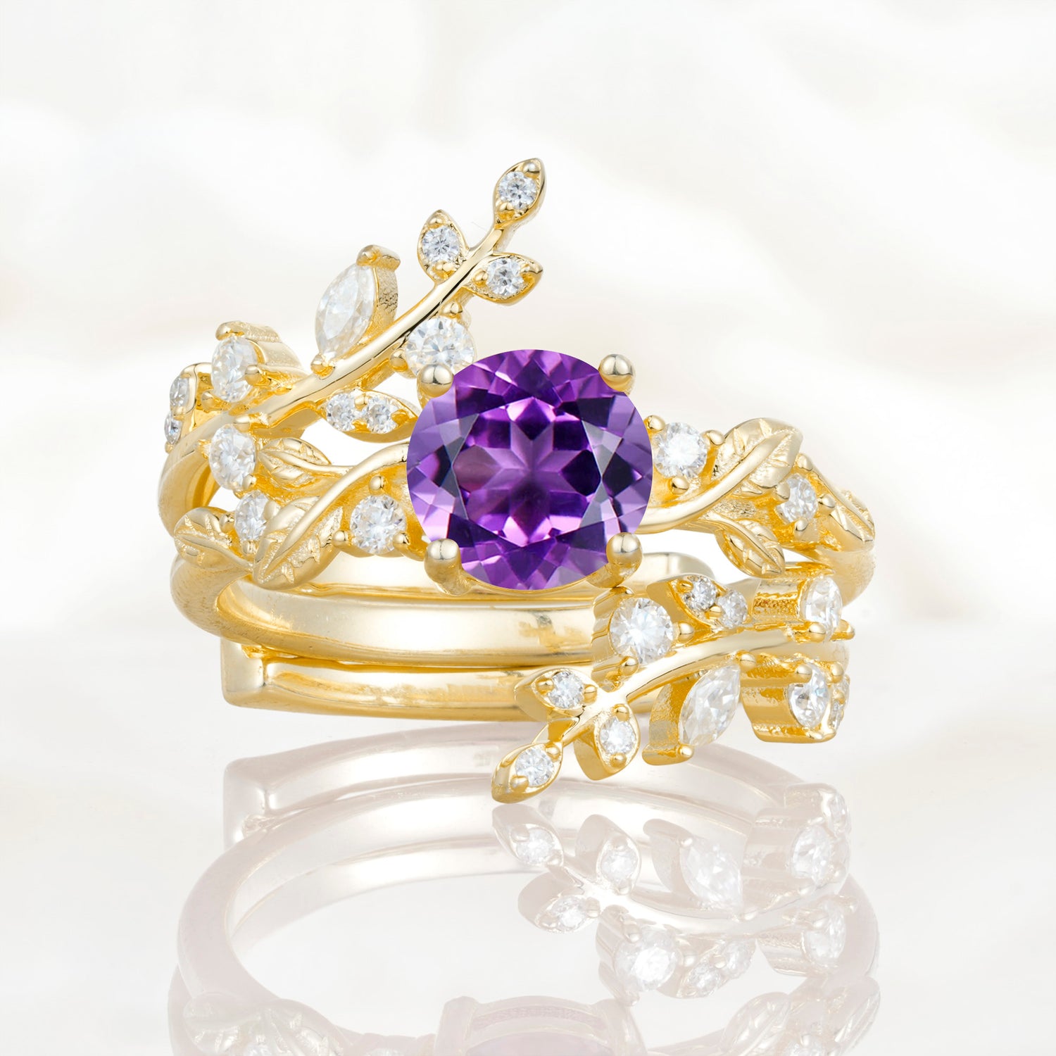 Nature Inspired Leaf Amethyst Bridal Ring Set for Women