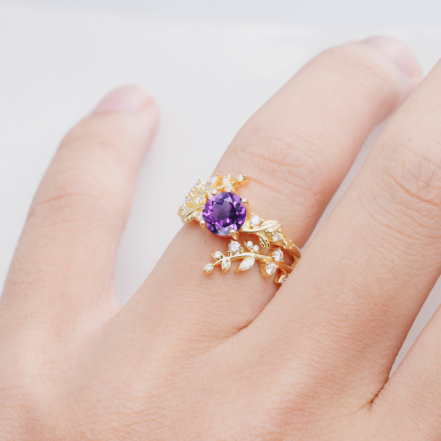 Nature Inspired Leaf Amethyst Bridal Ring Set for Women