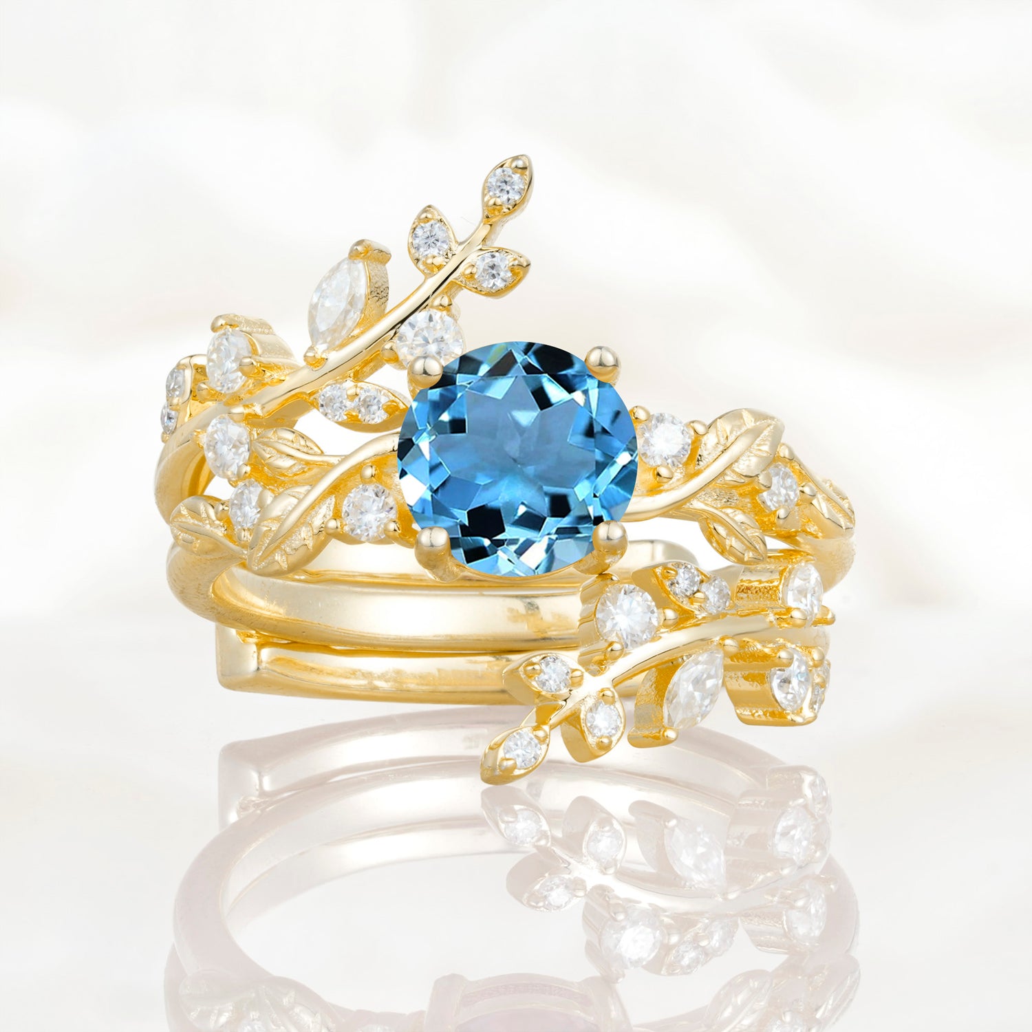 Nature Inspired Leaf Aquamarine Bridal Ring Set for Women