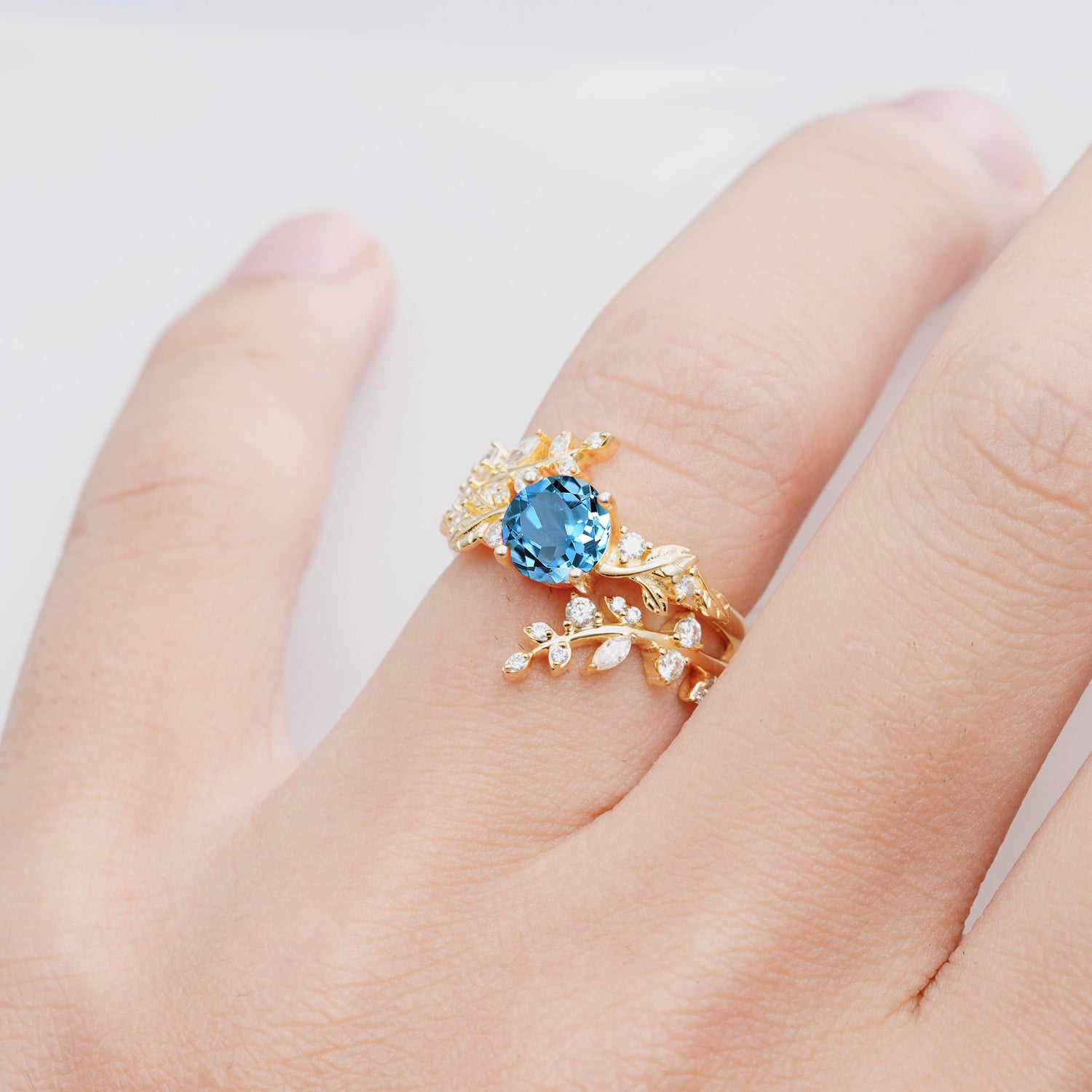 Nature Inspired Leaf Aquamarine Bridal Ring Set for Women