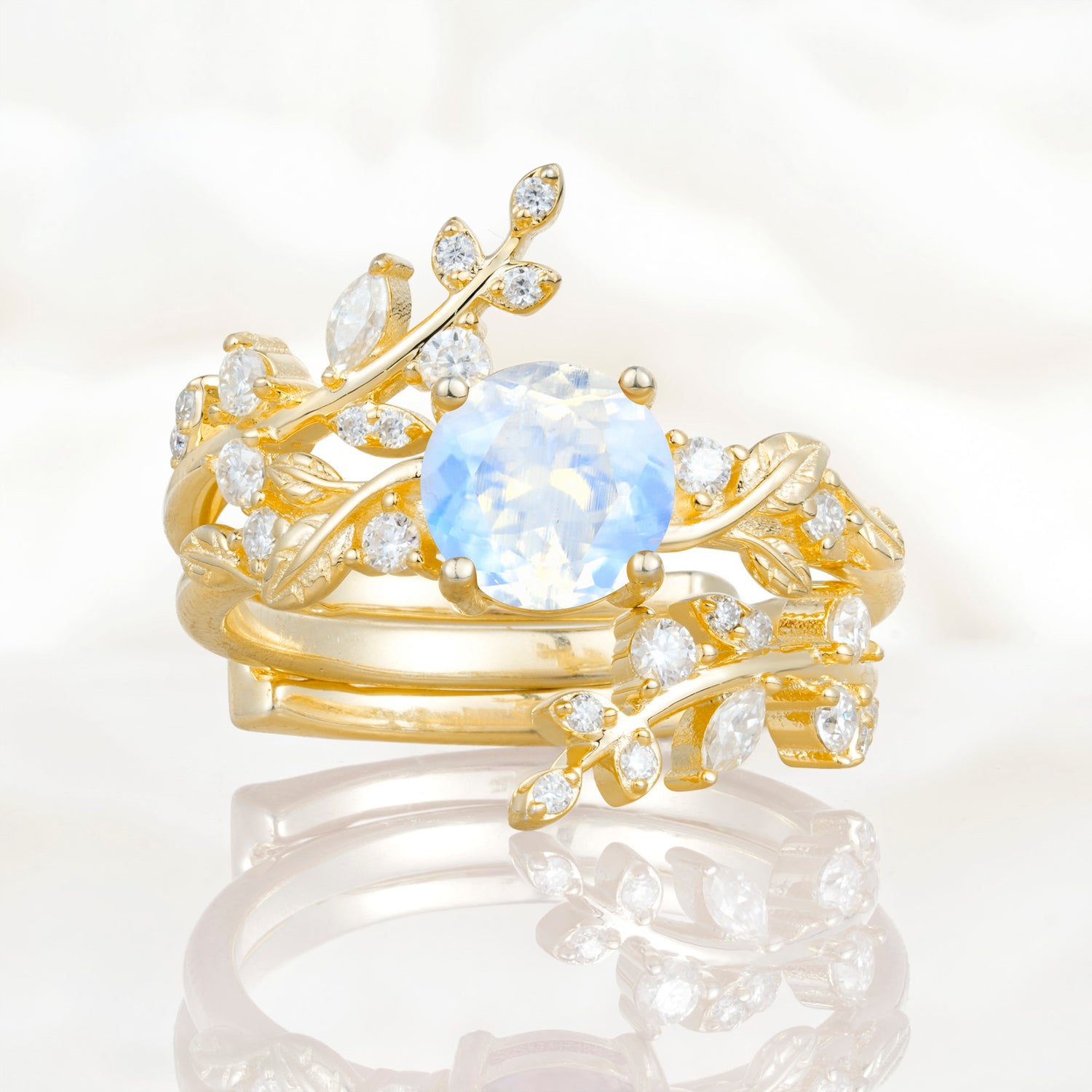 Nature Inspired Leaf Moonstone Bridal Ring Set for Women