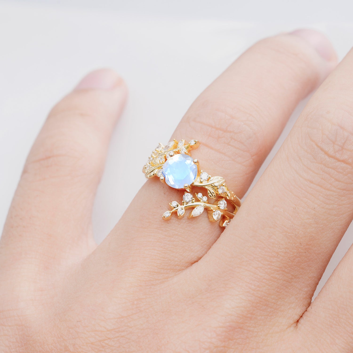 Nature Inspired Leaf Moonstone Bridal Ring Set for Women