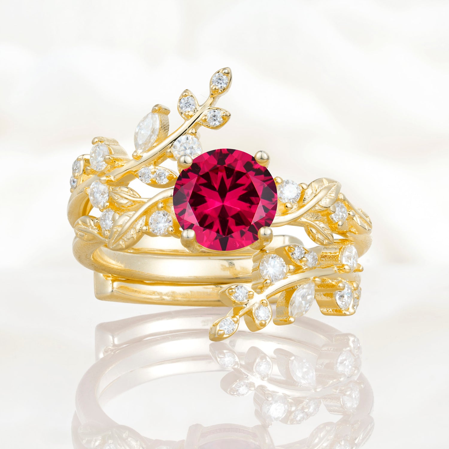 Nature Inspired Leaf Ruby Bridal Ring Set for Women