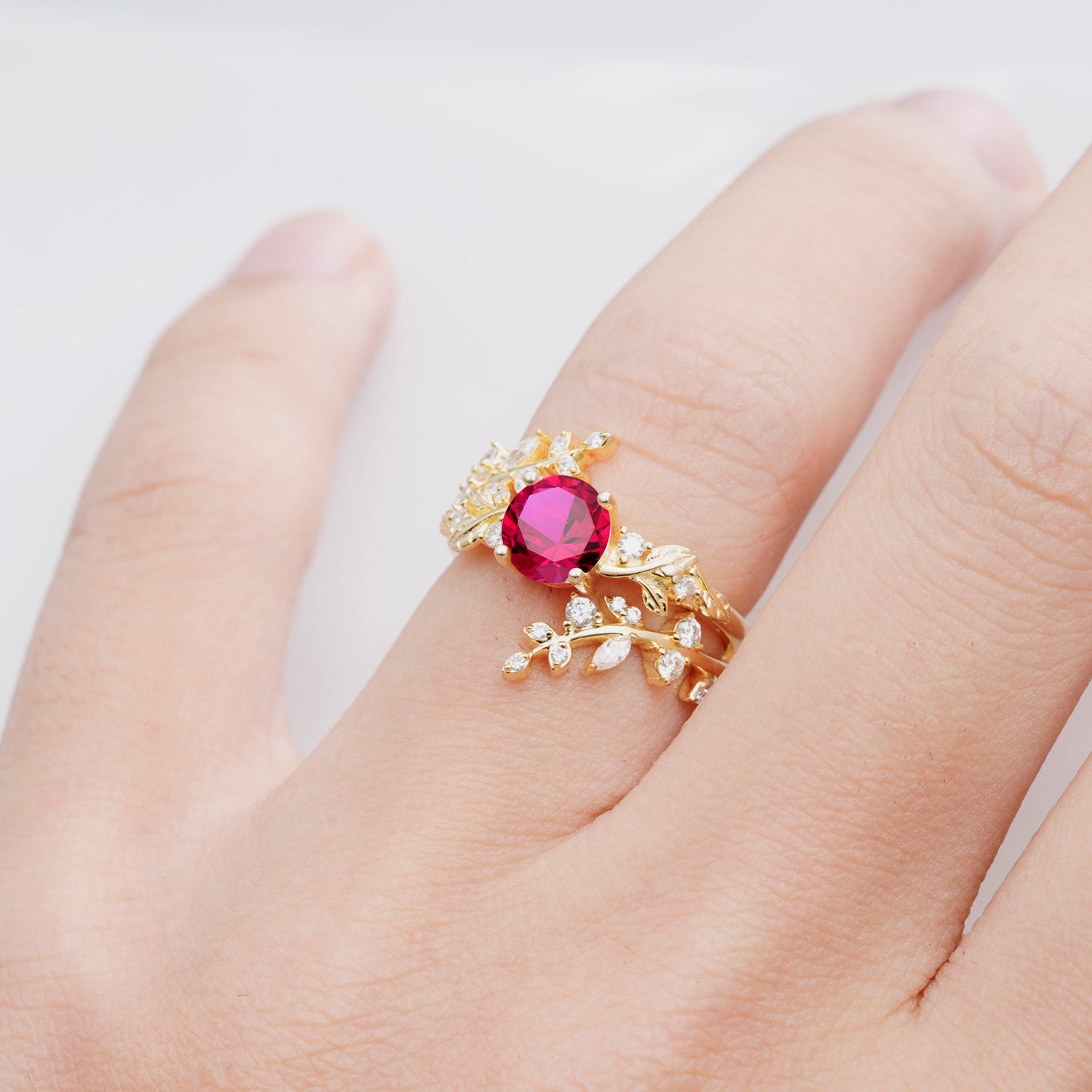 Nature Inspired Leaf Ruby Bridal Ring Set for Women