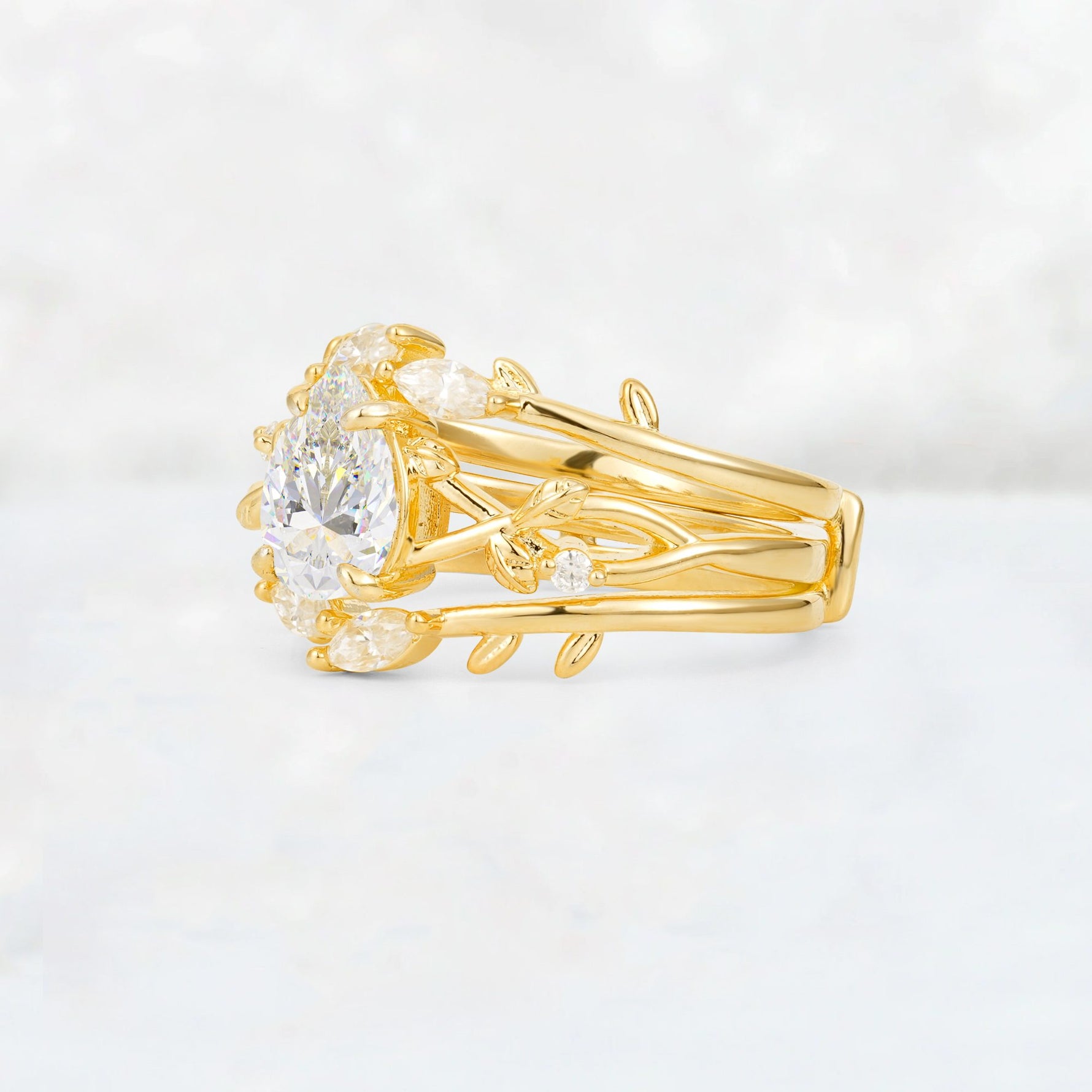 Pear Cut Moissanite Leaf Vine Bridal Ring Set - Rose-Gold
