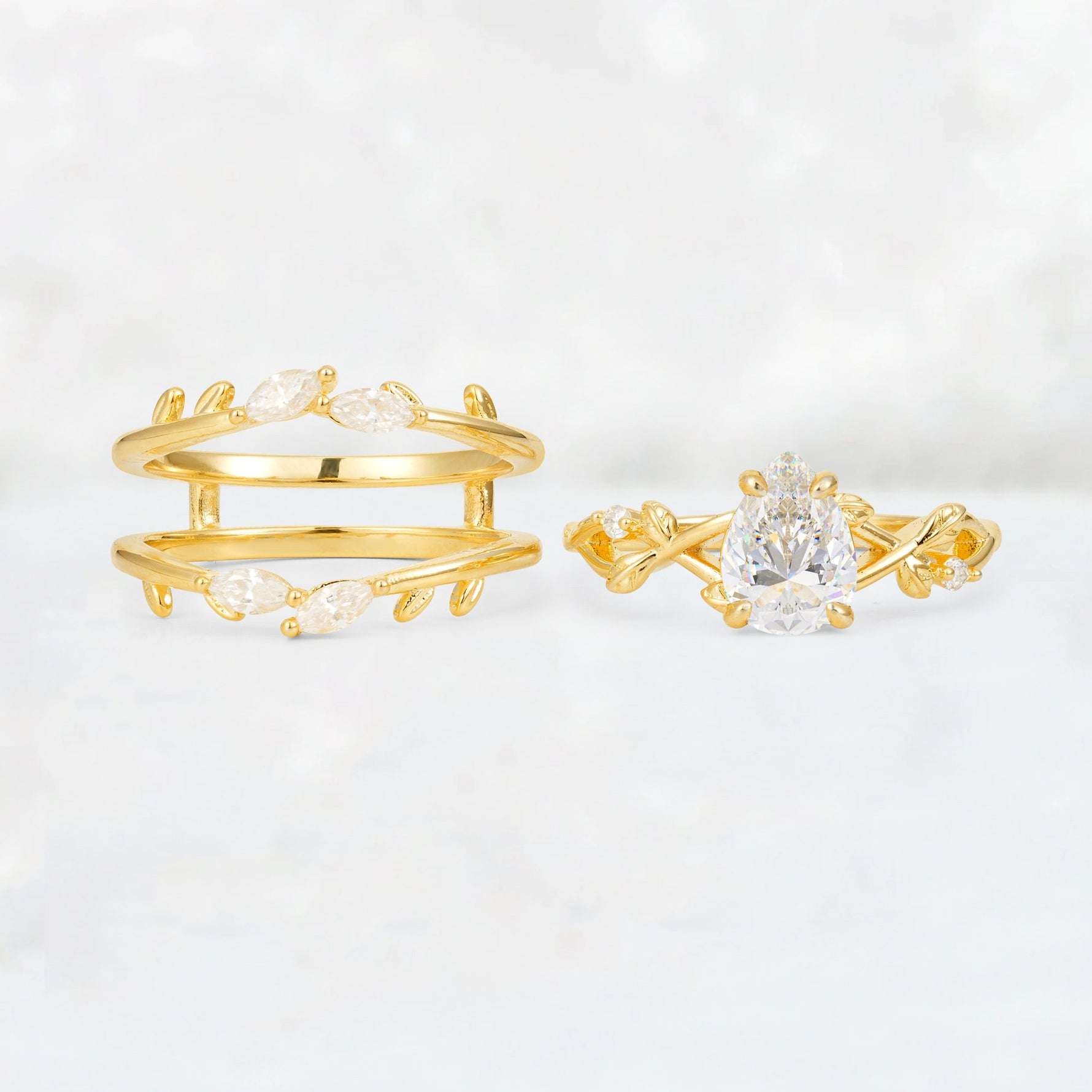 Pear Cut Moissanite Leaf Vine Bridal Ring Set - White-Gold