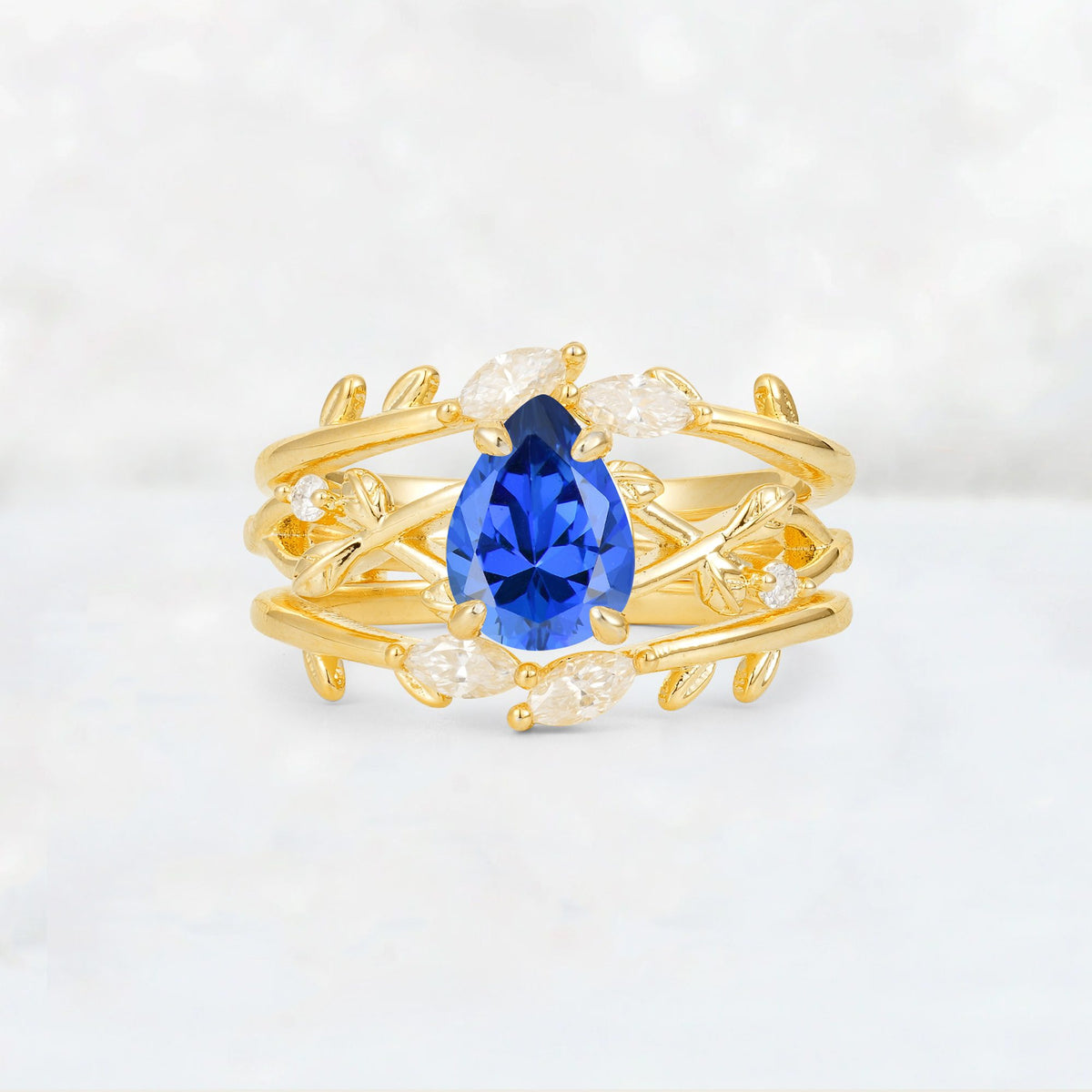Pear Cut Sapphire Leaf Vine Bridal Ring Set - Yellow-Gold