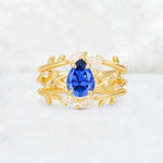 Pear Cut Sapphire Leaf Vine Bridal Ring Set - Yellow-Gold