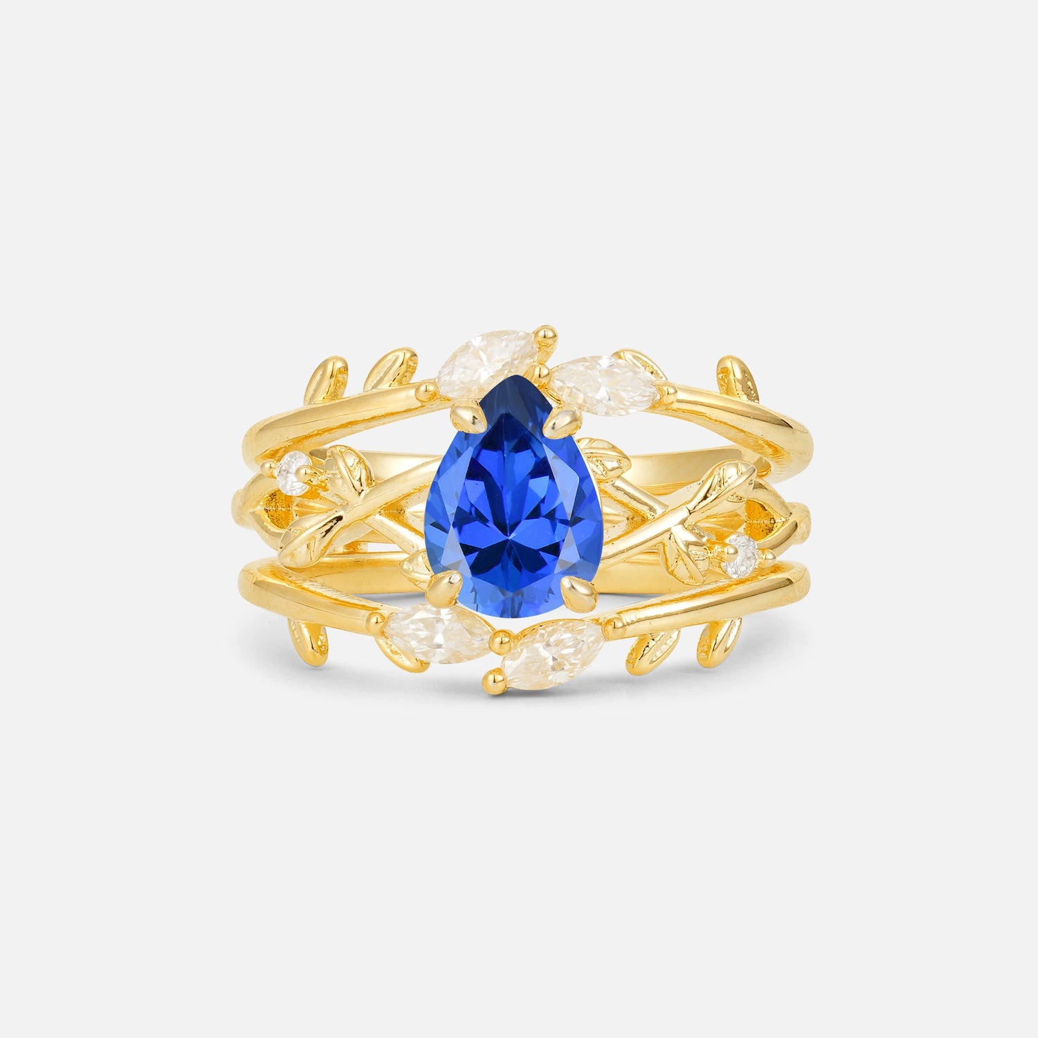 Pear Cut Sapphire Leaf Vine Bridal Ring Set - Yellow-Gold