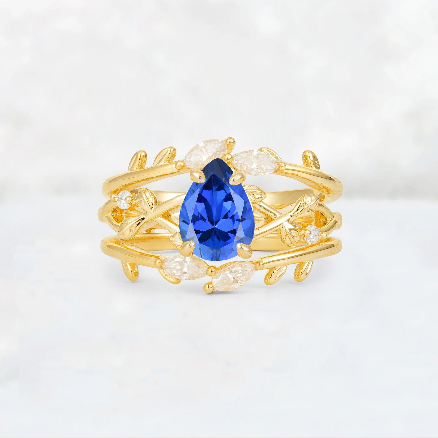 Pear Cut Sapphire Leaf Vine Bridal Ring Set - Yellow-Gold
