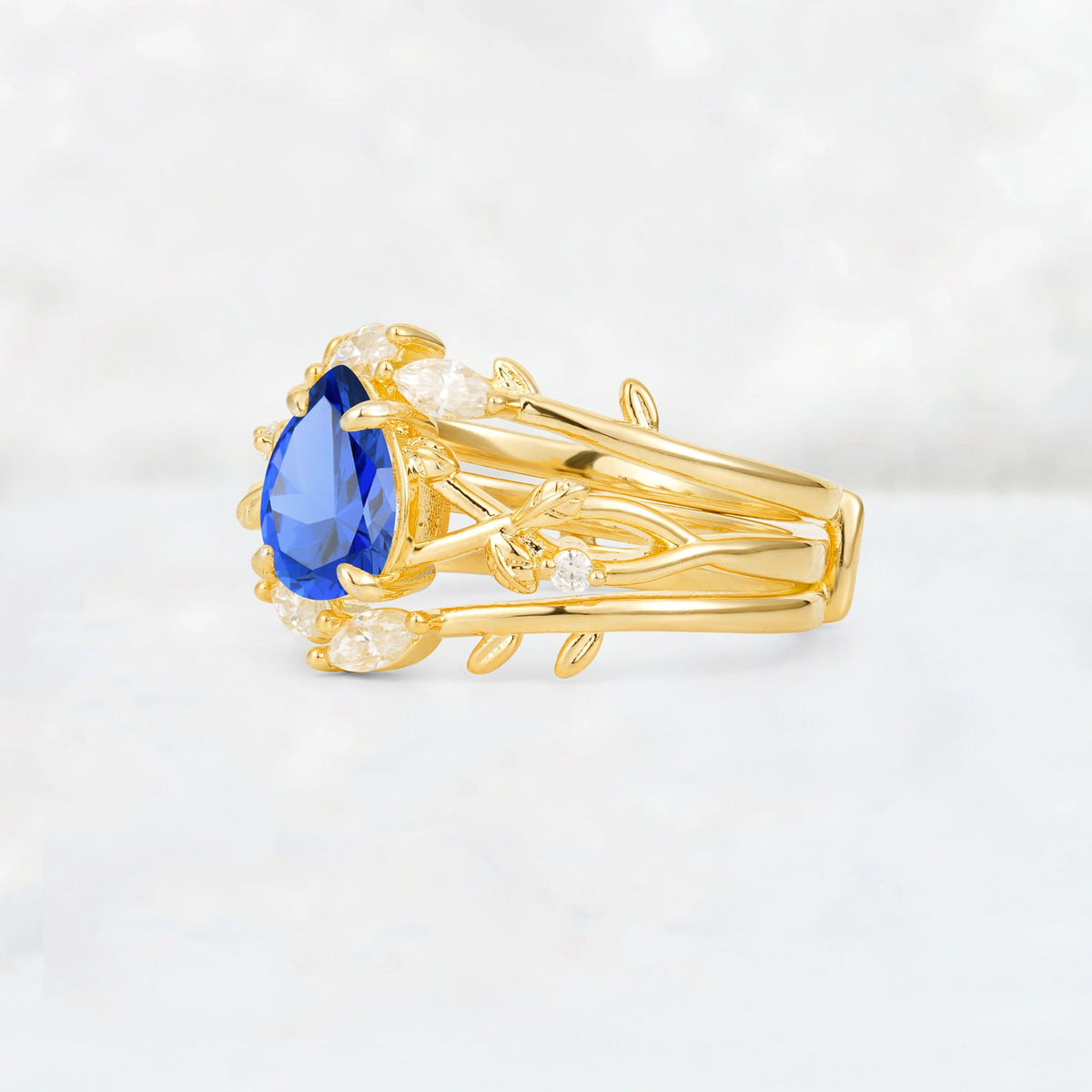 Pear Cut Sapphire Leaf Vine Bridal Ring Set - Rose-Gold