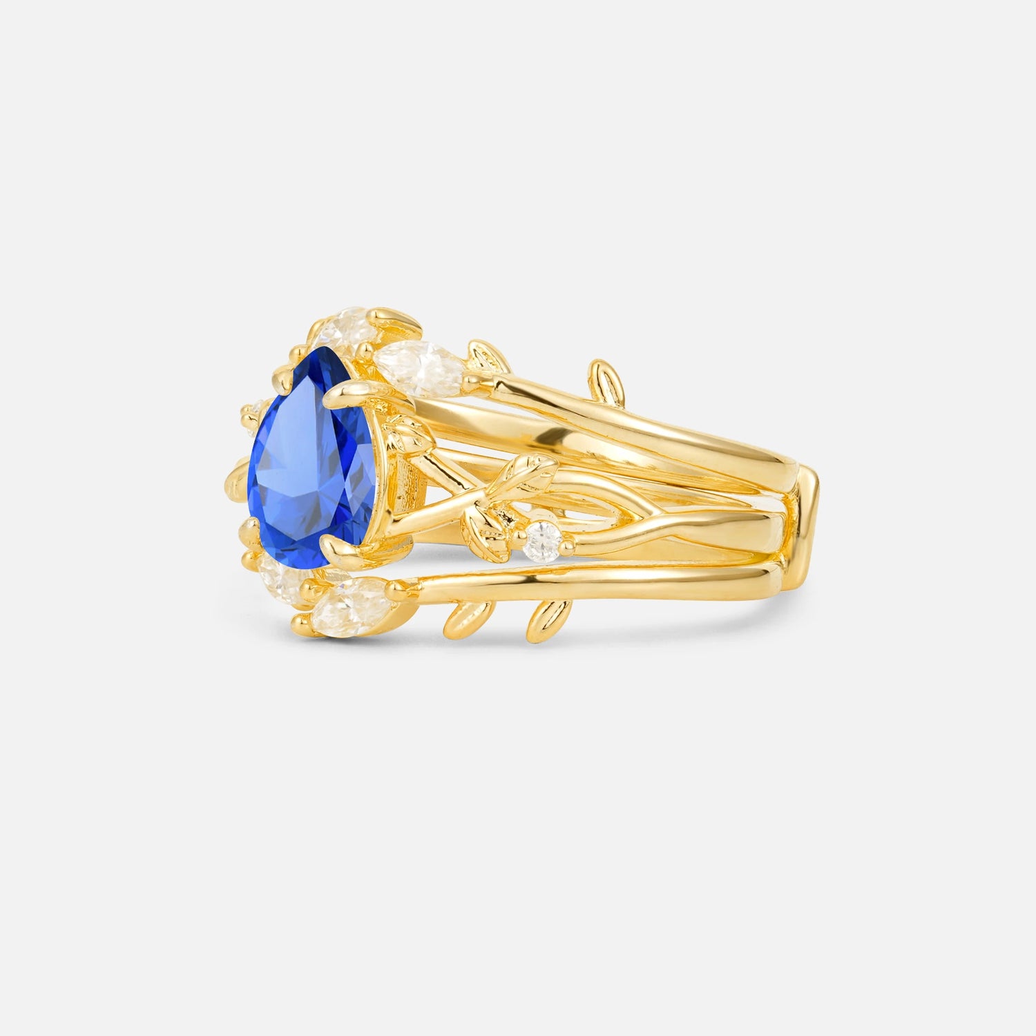 Pear Cut Sapphire Leaf Vine Bridal Ring Set - Rose-Gold