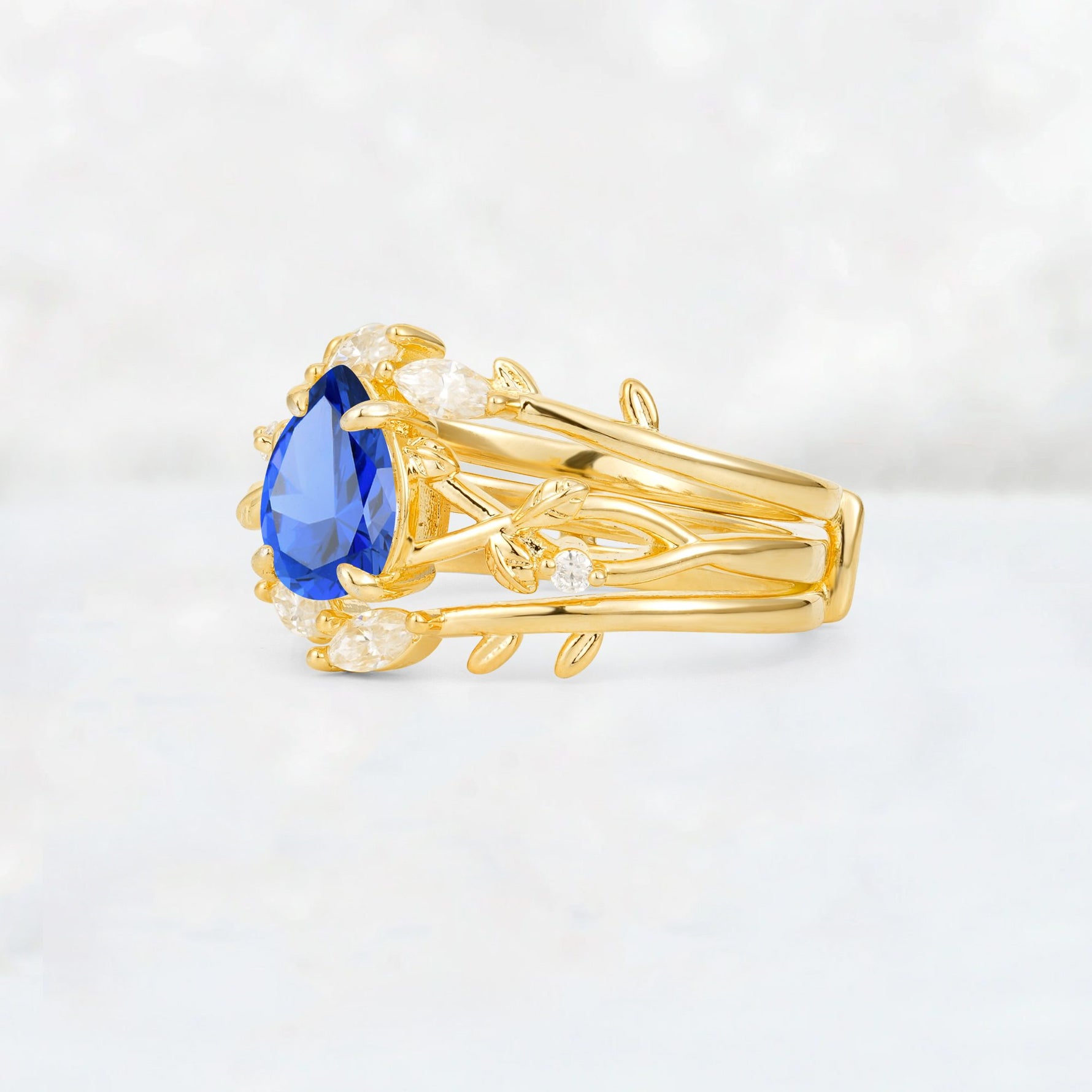 Pear Cut Sapphire Leaf Vine Bridal Ring Set - Rose-Gold