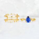 Pear Cut Sapphire Leaf Vine Bridal Ring Set - White-Gold