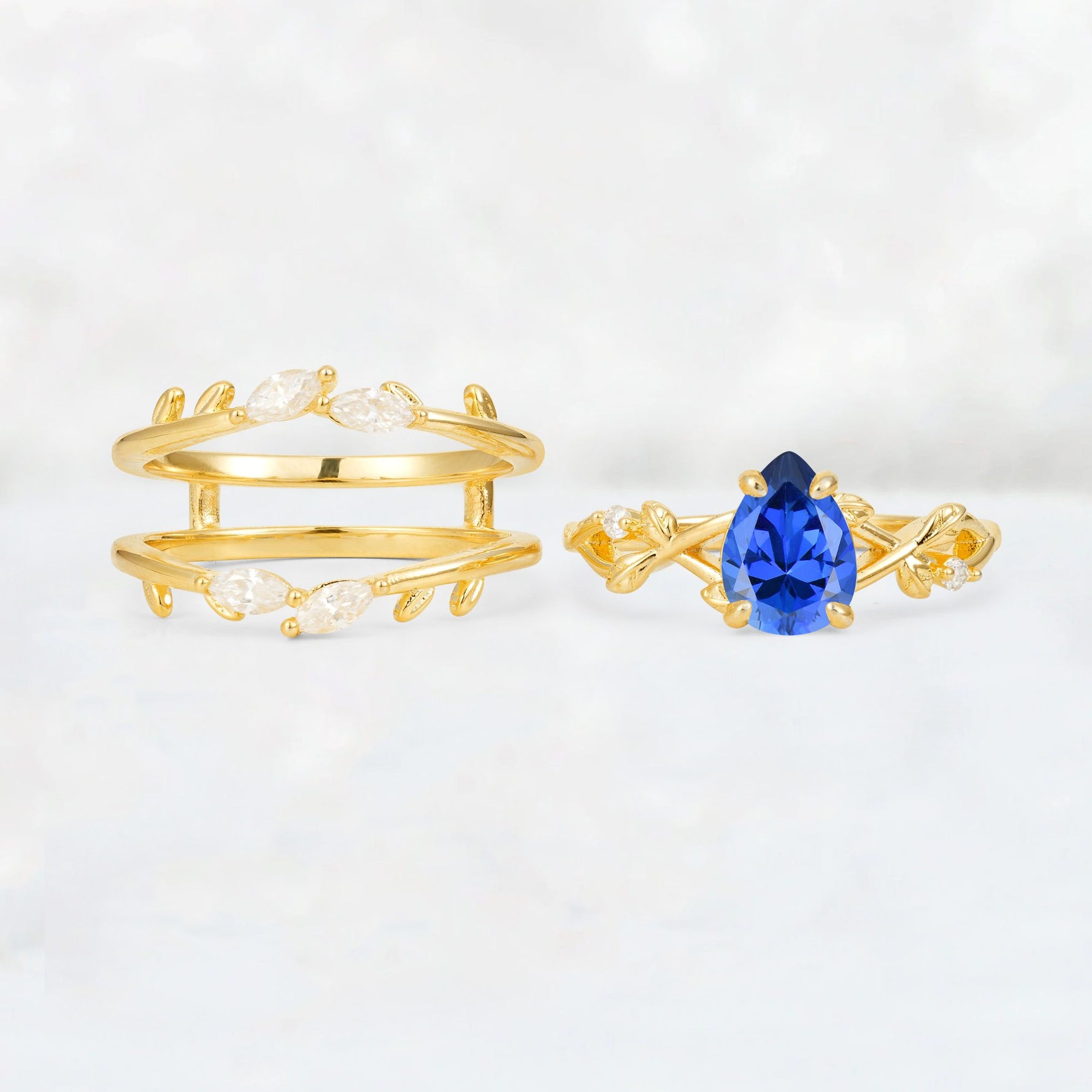Pear Cut Sapphire Leaf Vine Bridal Ring Set - White-Gold