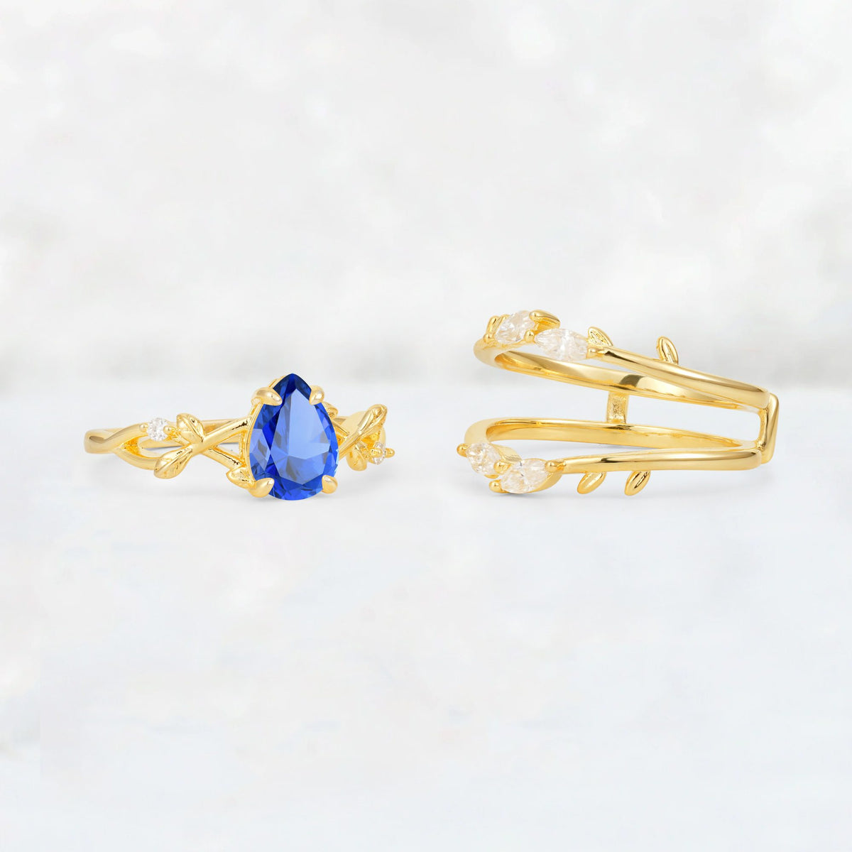 Pear Cut Sapphire Leaf Vine Bridal Ring Set - Additional view