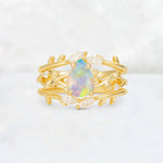 Pear Cut Fire Opal Leaf Vine Bridal Ring Set - Yellow-Gold