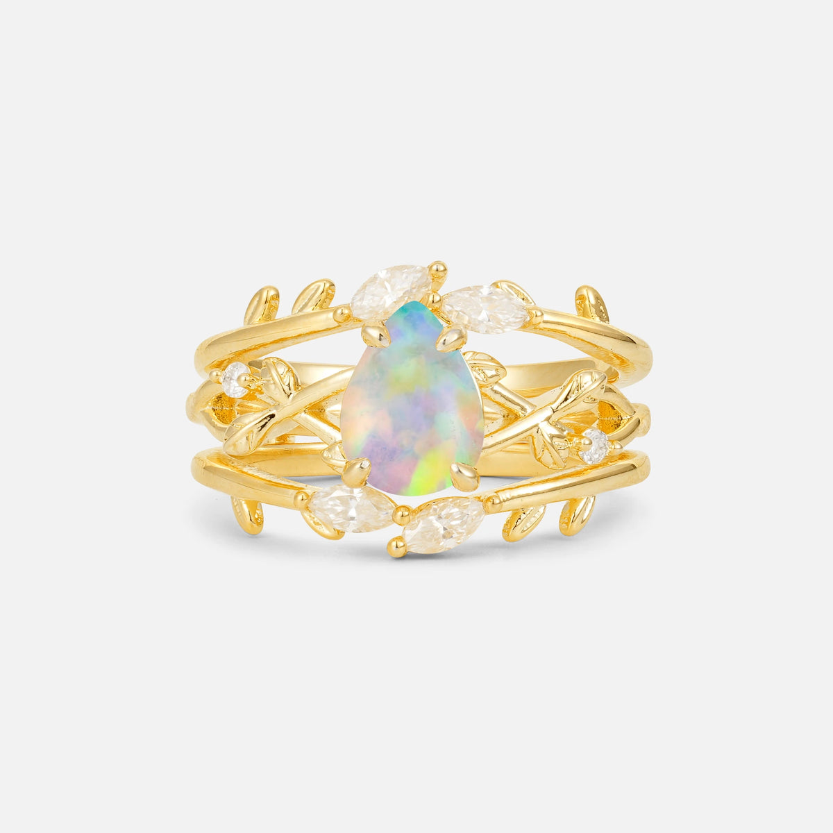 Pear Cut Fire Opal Leaf Vine Bridal Ring Set - Yellow-Gold