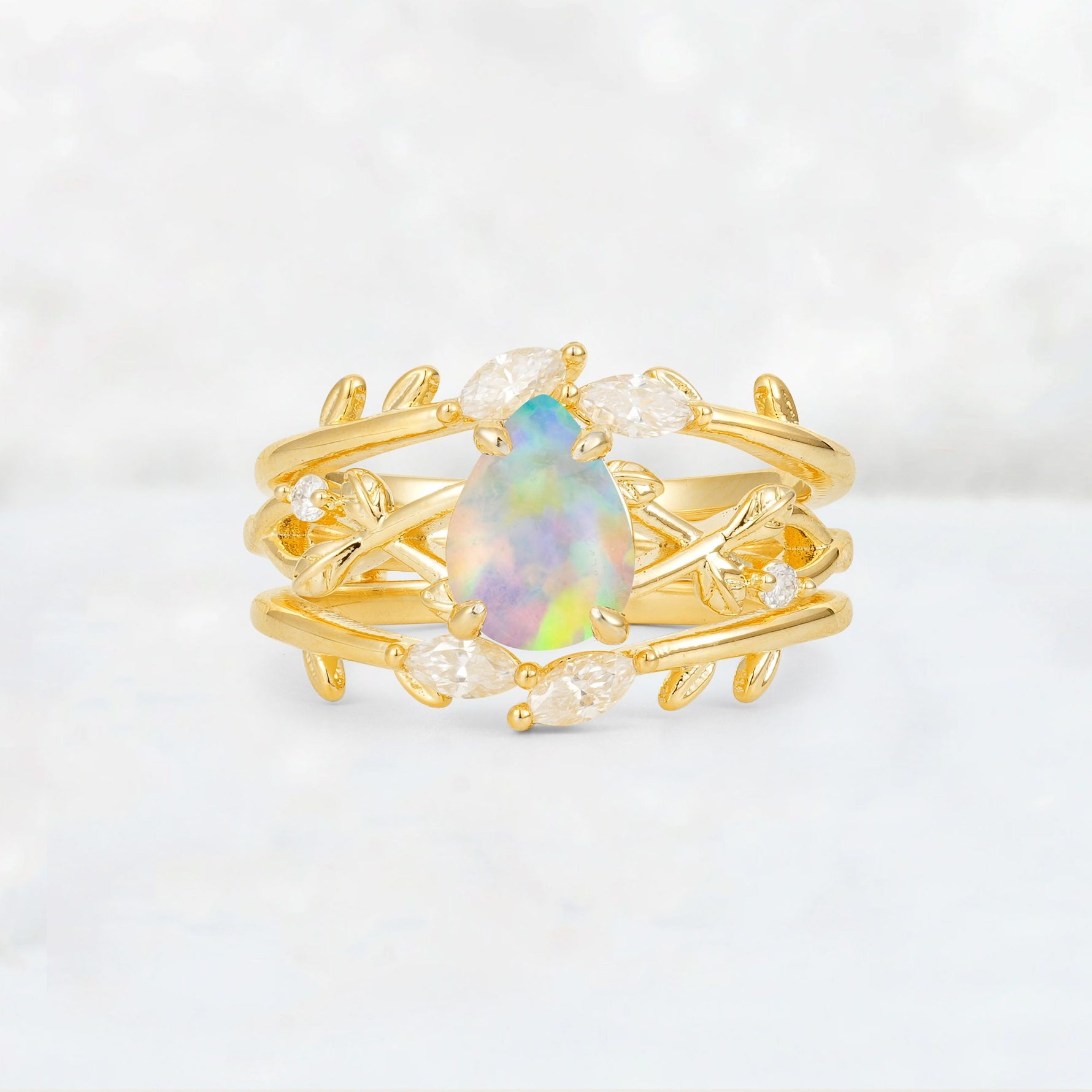 Pear Cut Fire Opal Leaf Vine Bridal Ring Set - Yellow-Gold