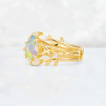 Pear Cut Fire Opal Leaf Vine Bridal Ring Set - Rose-Gold