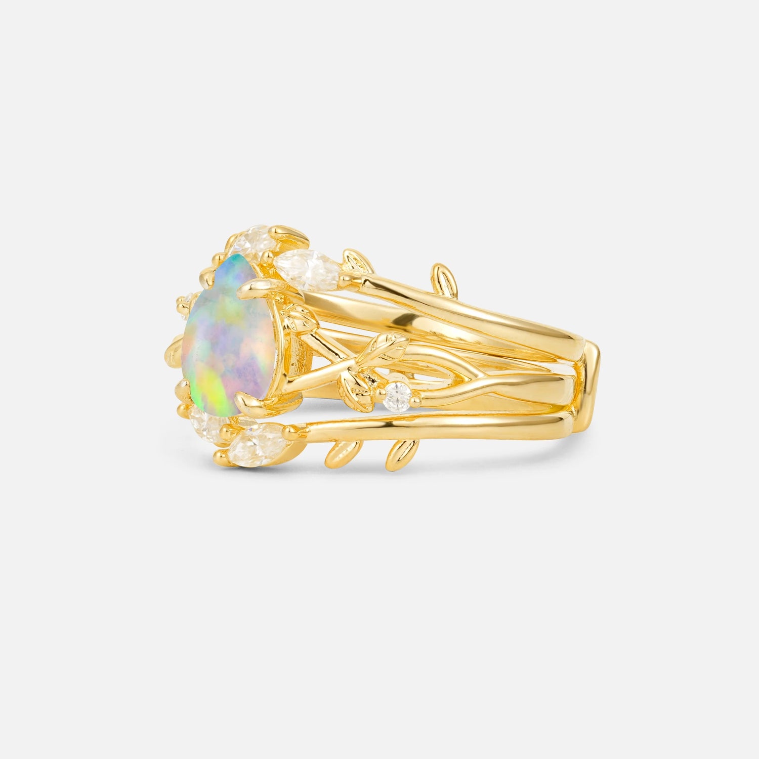 Pear Cut Fire Opal Leaf Vine Bridal Ring Set - Rose-Gold