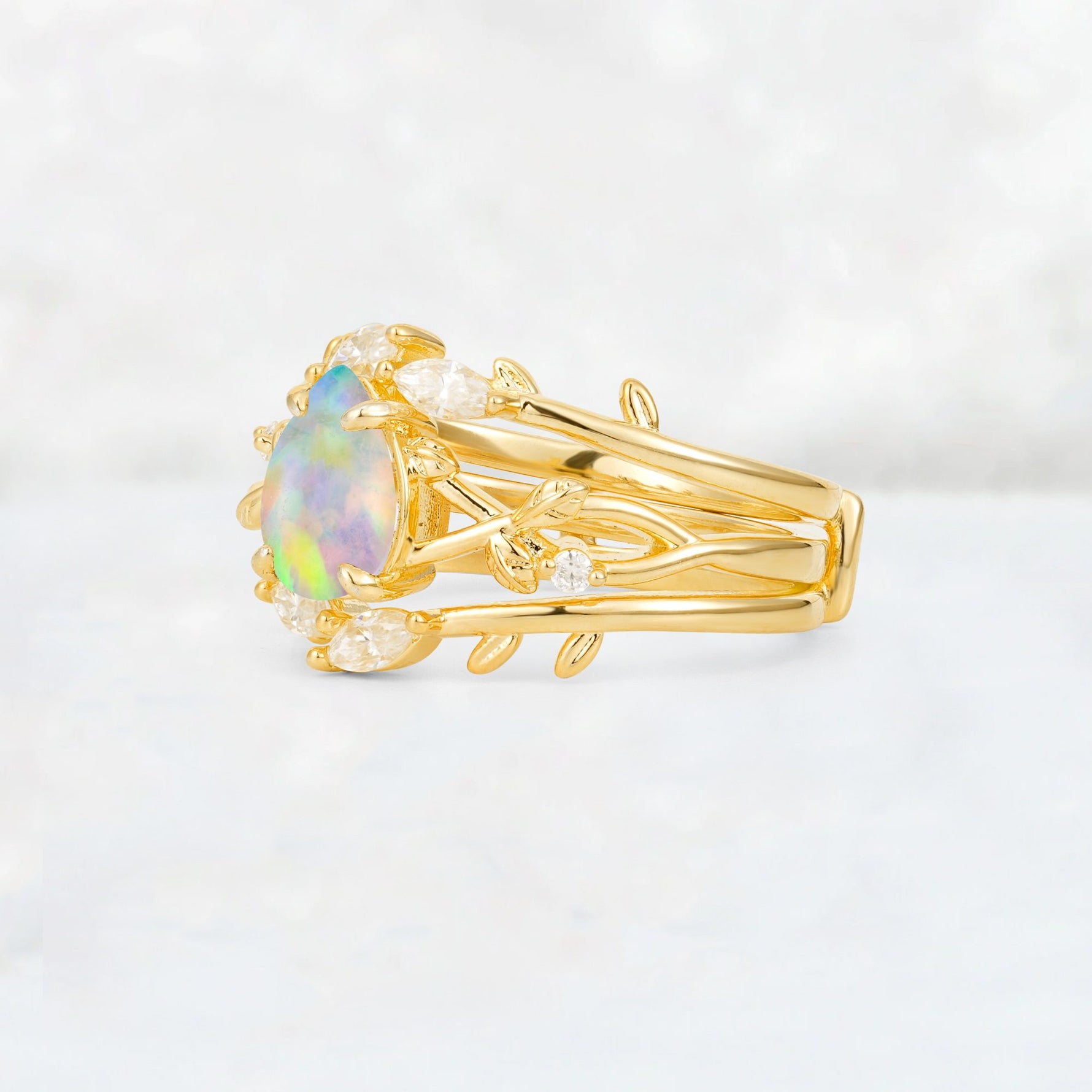 Pear Cut Fire Opal Leaf Vine Bridal Ring Set - Rose-Gold