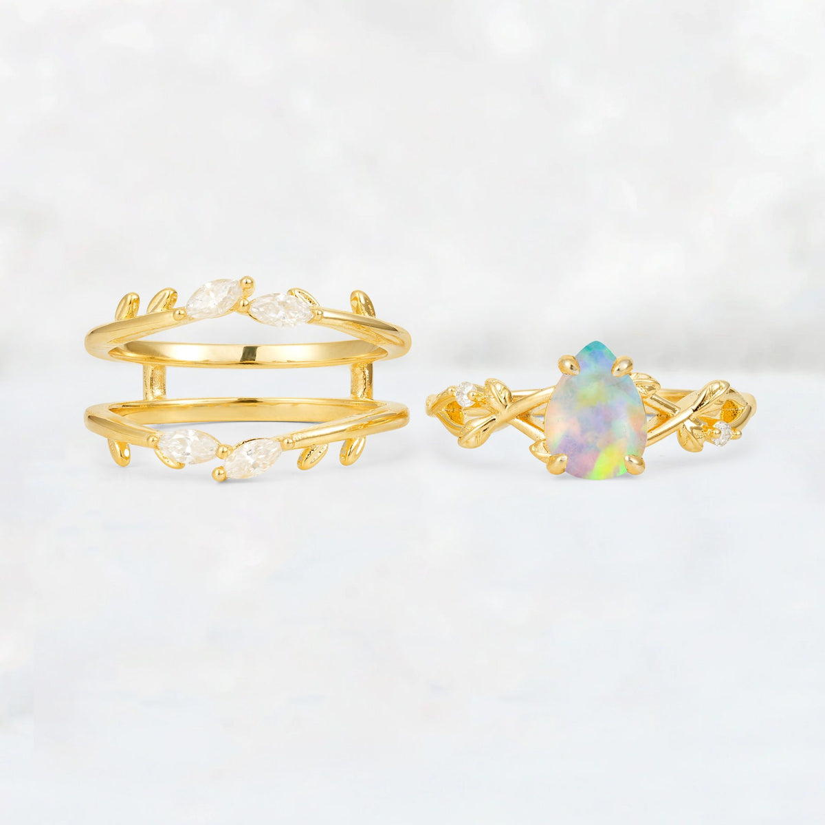 Pear Cut Fire Opal Leaf Vine Bridal Ring Set - White-Gold