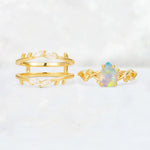 Pear Cut Fire Opal Leaf Vine Bridal Ring Set - White-Gold