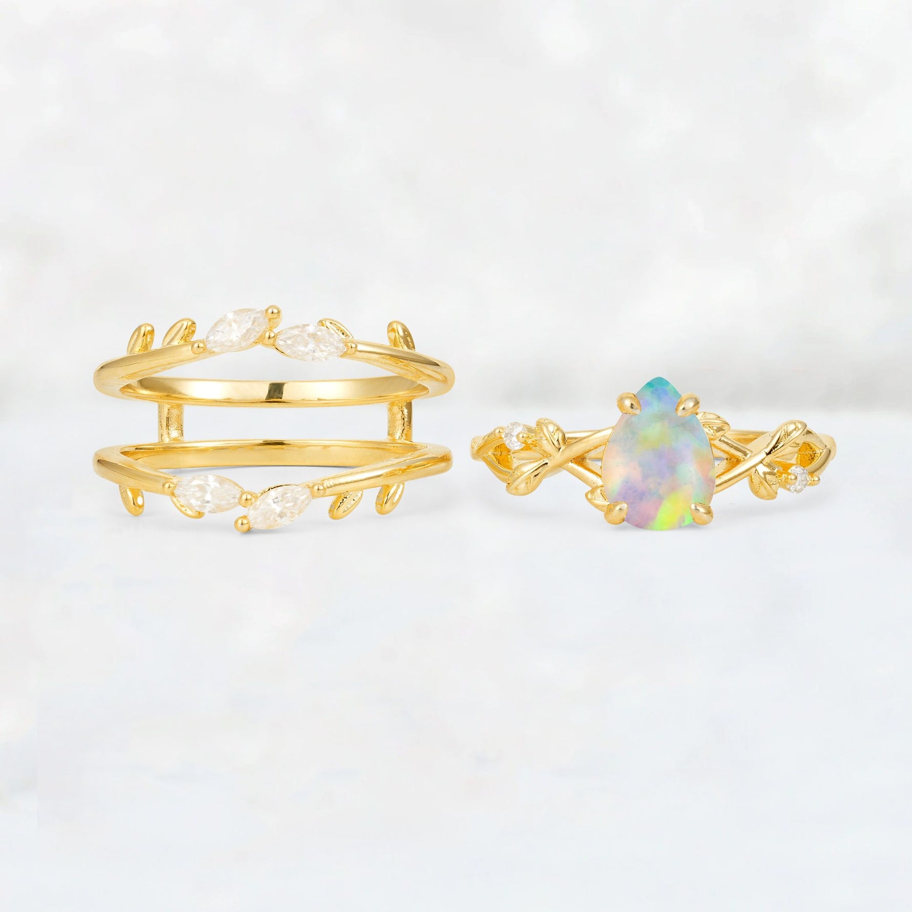 Pear Cut Fire Opal Leaf Vine Bridal Ring Set - White-Gold