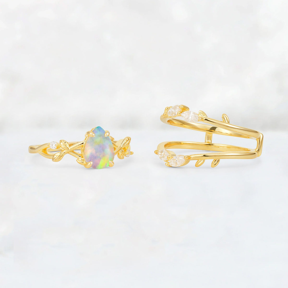 Pear Cut Fire Opal Leaf Vine Bridal Ring Set - Additional view