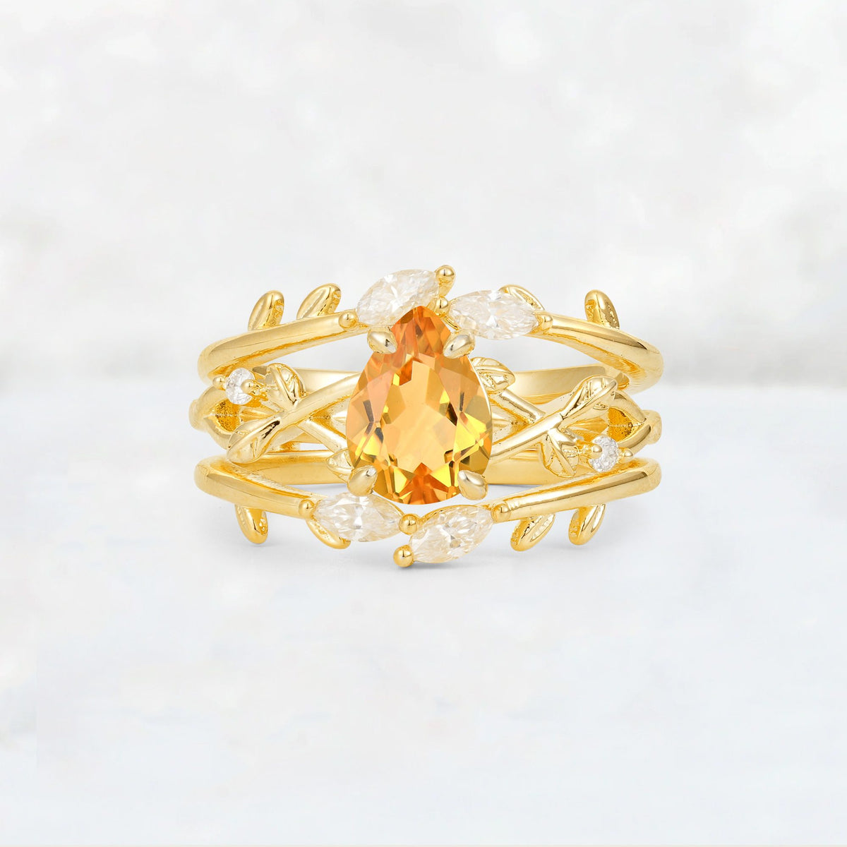 Pear Cut Citrine Leaf Vine Bridal Ring Set - Yellow-Gold